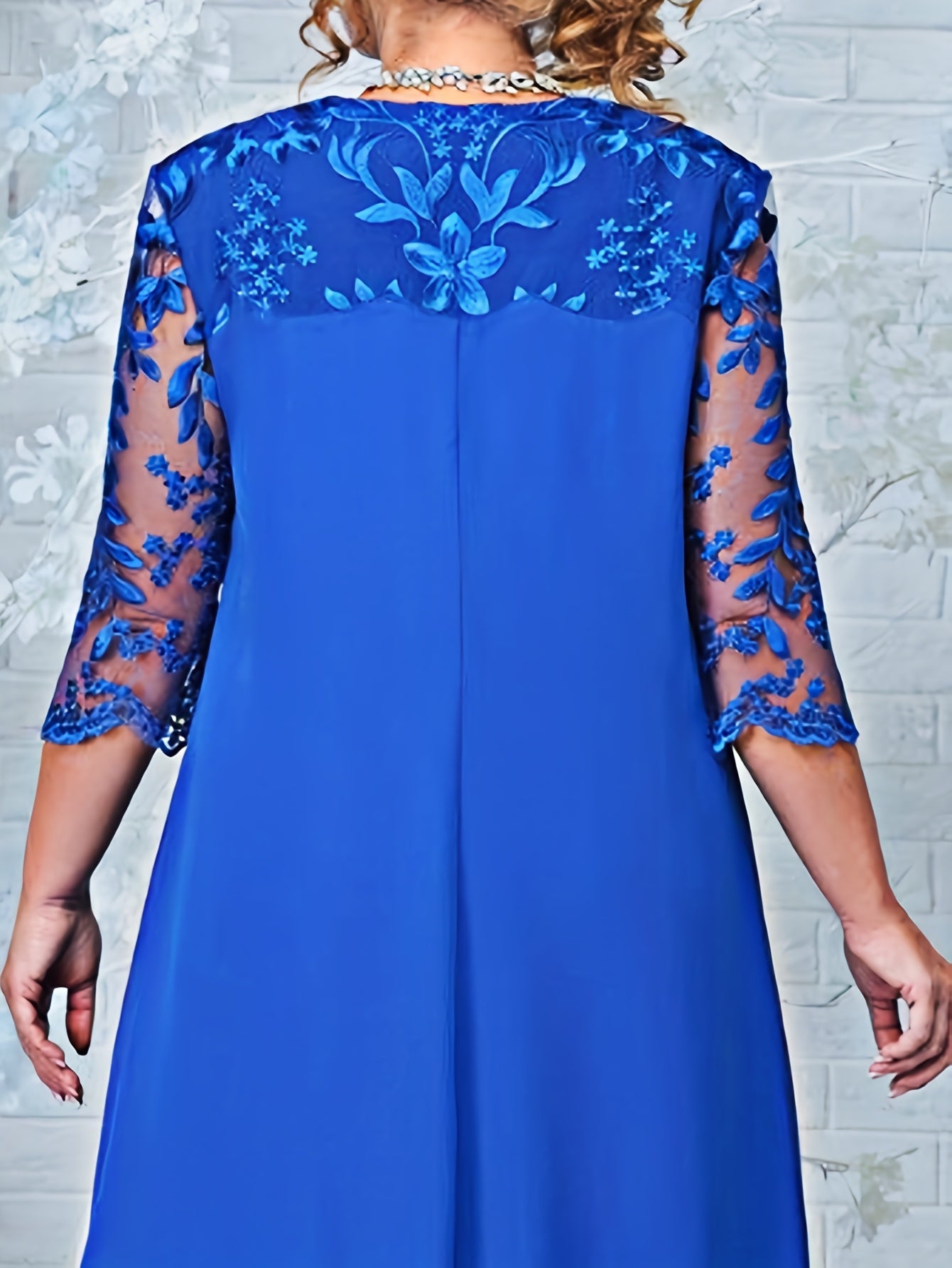 Elegant Plus Size Embroidered Chiffon Midi Dress – Blue | Half Sleeve | Crew Neck | Knee-Length | Wedding & Casual Wear