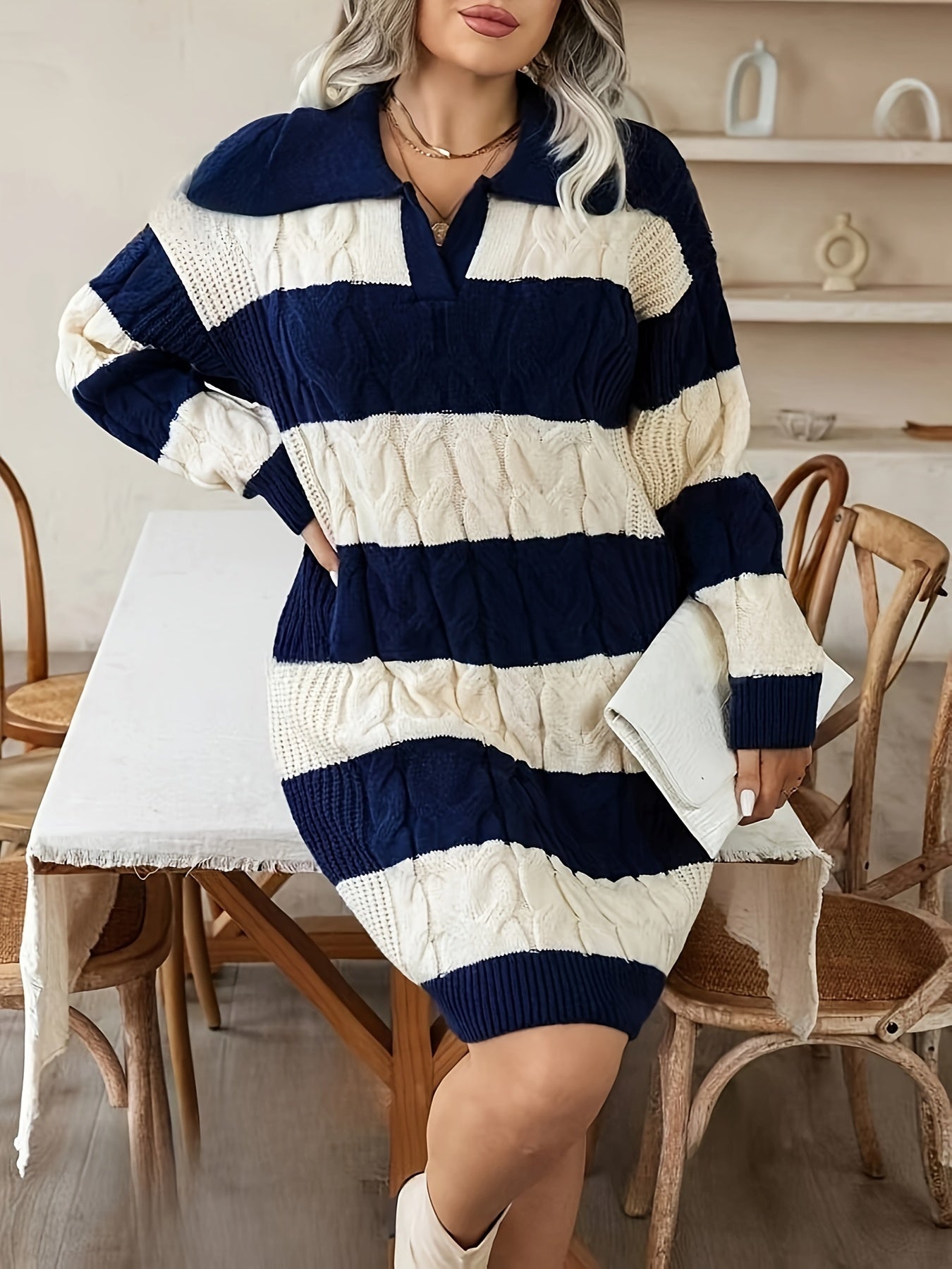 Plus Size Women’s Elegant Striped Sweater Dress – Long Sleeve A-Line Midi | Lapel Collar | Fall/Winter Knit Dress