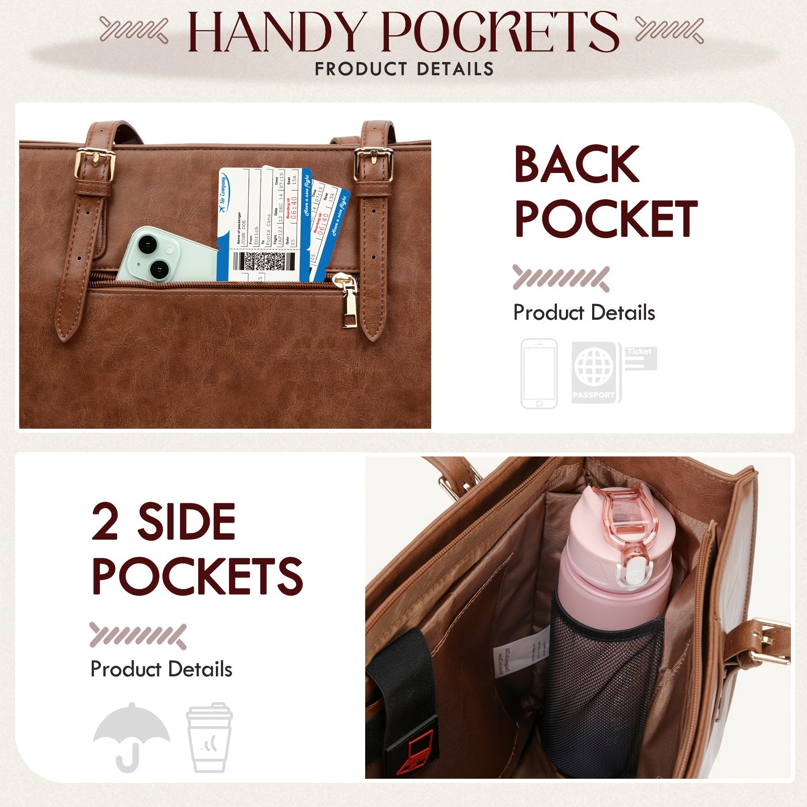 Women’s Genuine Leather Laptop Tote Bag – 15.6" (39.62 cm) Large Capacity Office & Business Briefcase (Brown)