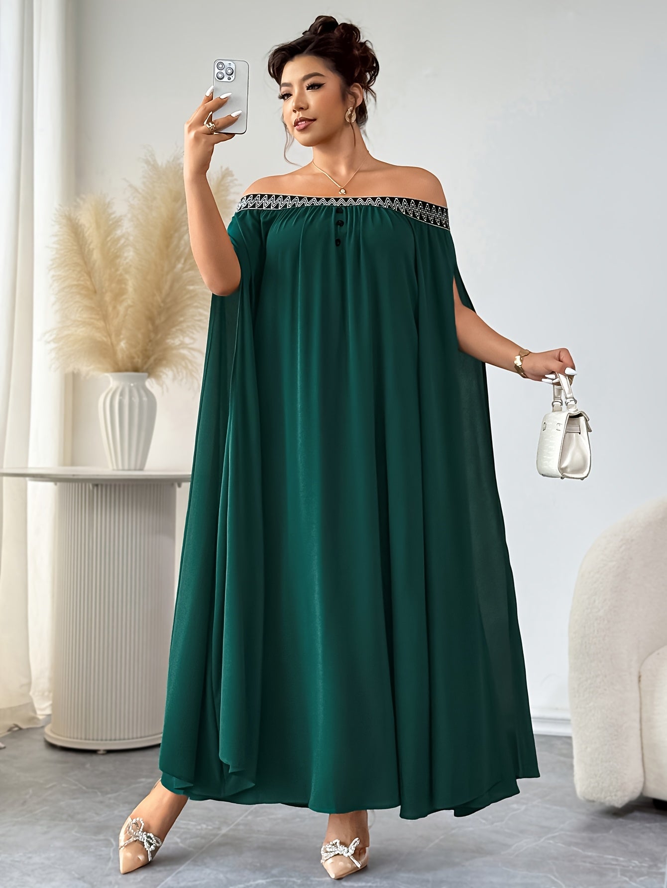 Plus Size Elegant Off-Shoulder Maxi Dress – Ruffled Sleeves, Lace Detailing, Solid Green, Fall/Winter Plus Size Women’s Fashion Dress