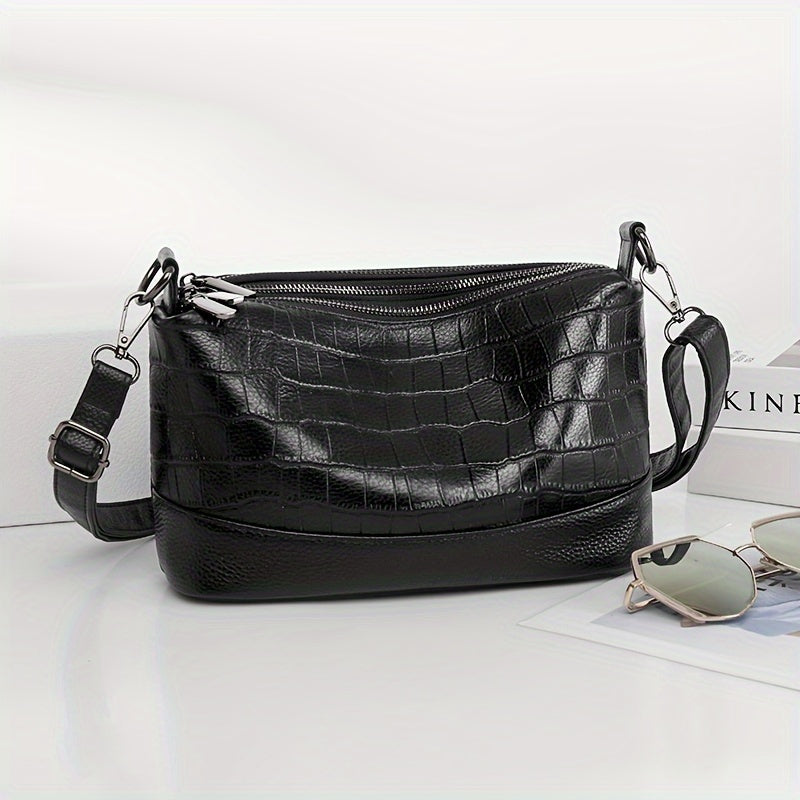 Women’s Large Capacity Genuine Leather Crossbody Bag – Detachable Strap & Golden-Tone Hardware, Structured Round Toe Design