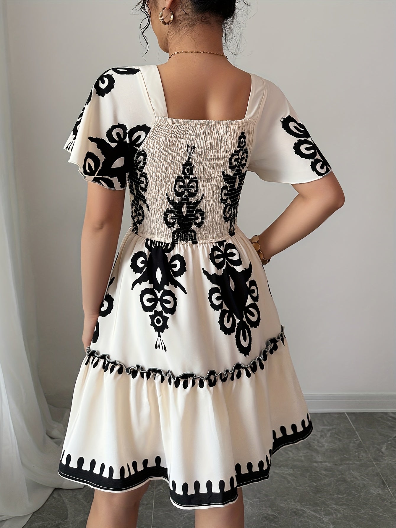 Elegant Printed Square Neck Mini Dress – Pleated A-Line Silhouette with Cinched Waist & Ruffled Edges