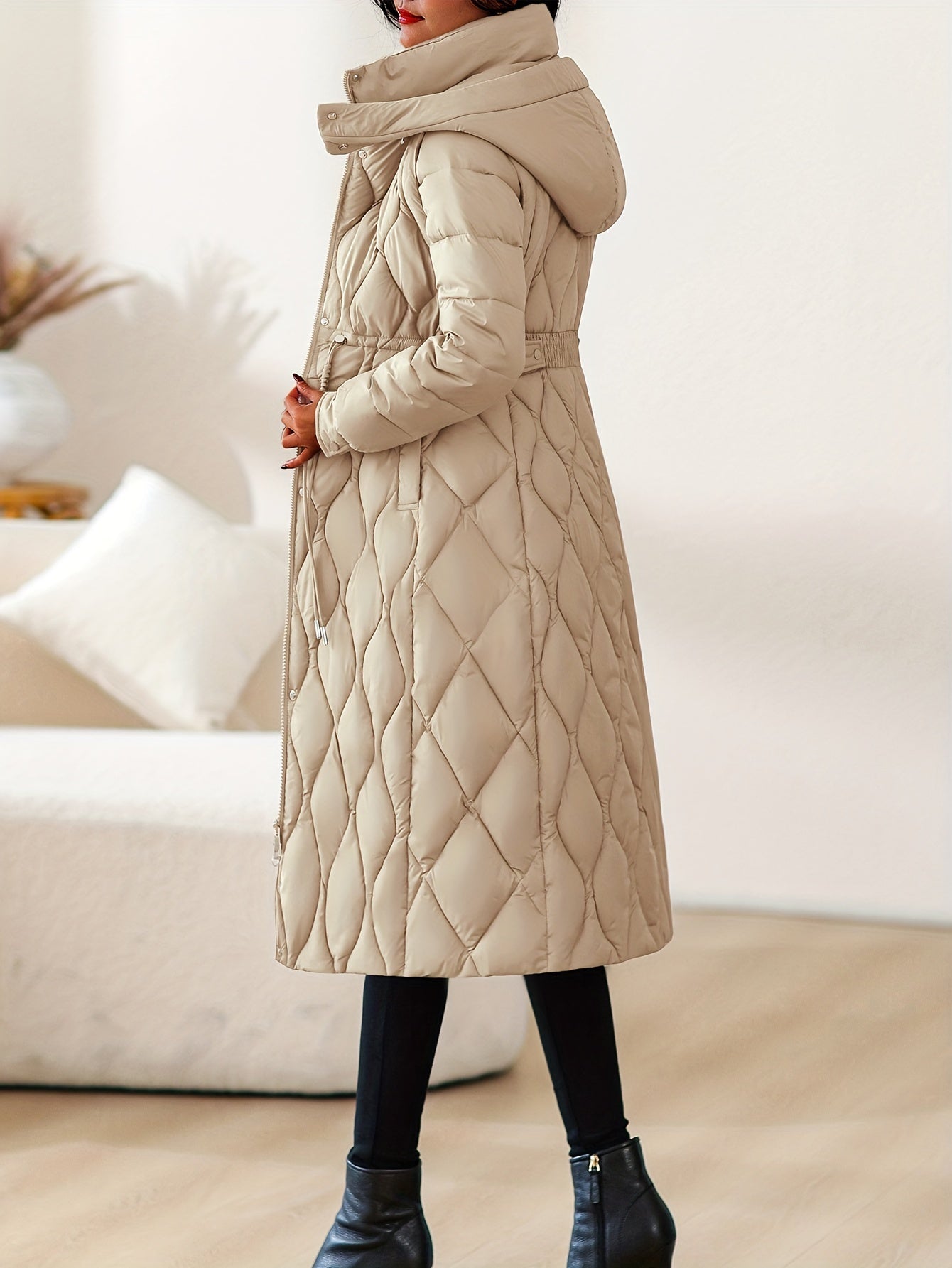 Women’s Winter Coat with Hood – Long Formal & Everyday Outerwear | Belted Waist, Solid Neutral Tones, Zipper Closure | Elegant Cold-Weather Jacket