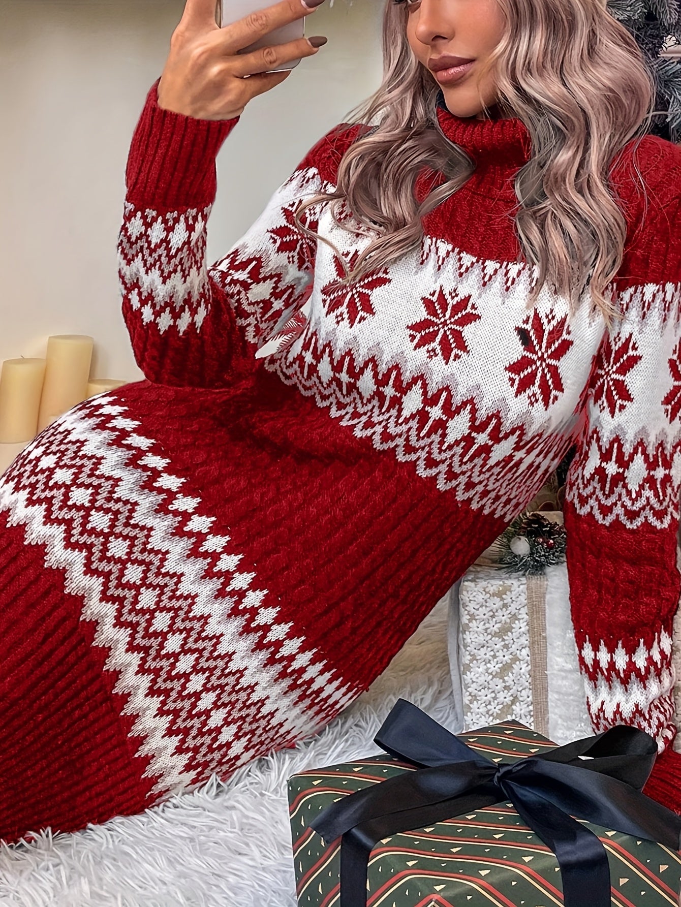 Women’s Christmas Sweater Dress – Red Snowflake Pattern, High Neck, Long Sleeve Cozy Winter Holiday Outfit