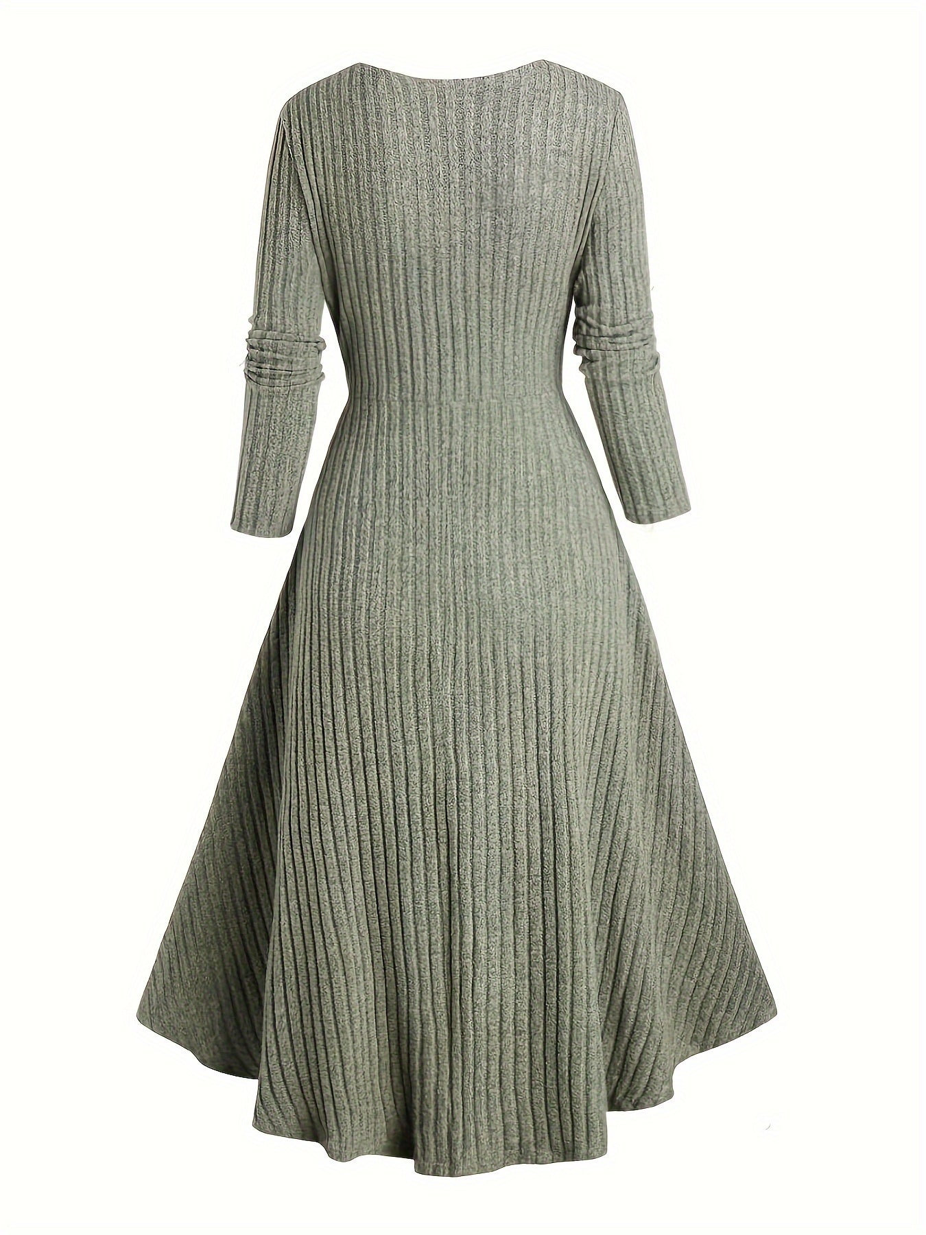 Women’s Long-Sleeve Ribbed Color Block Dress – Autumn & Winter A-Line Commute Dress, Square Neck, Elegant Knit Fabric