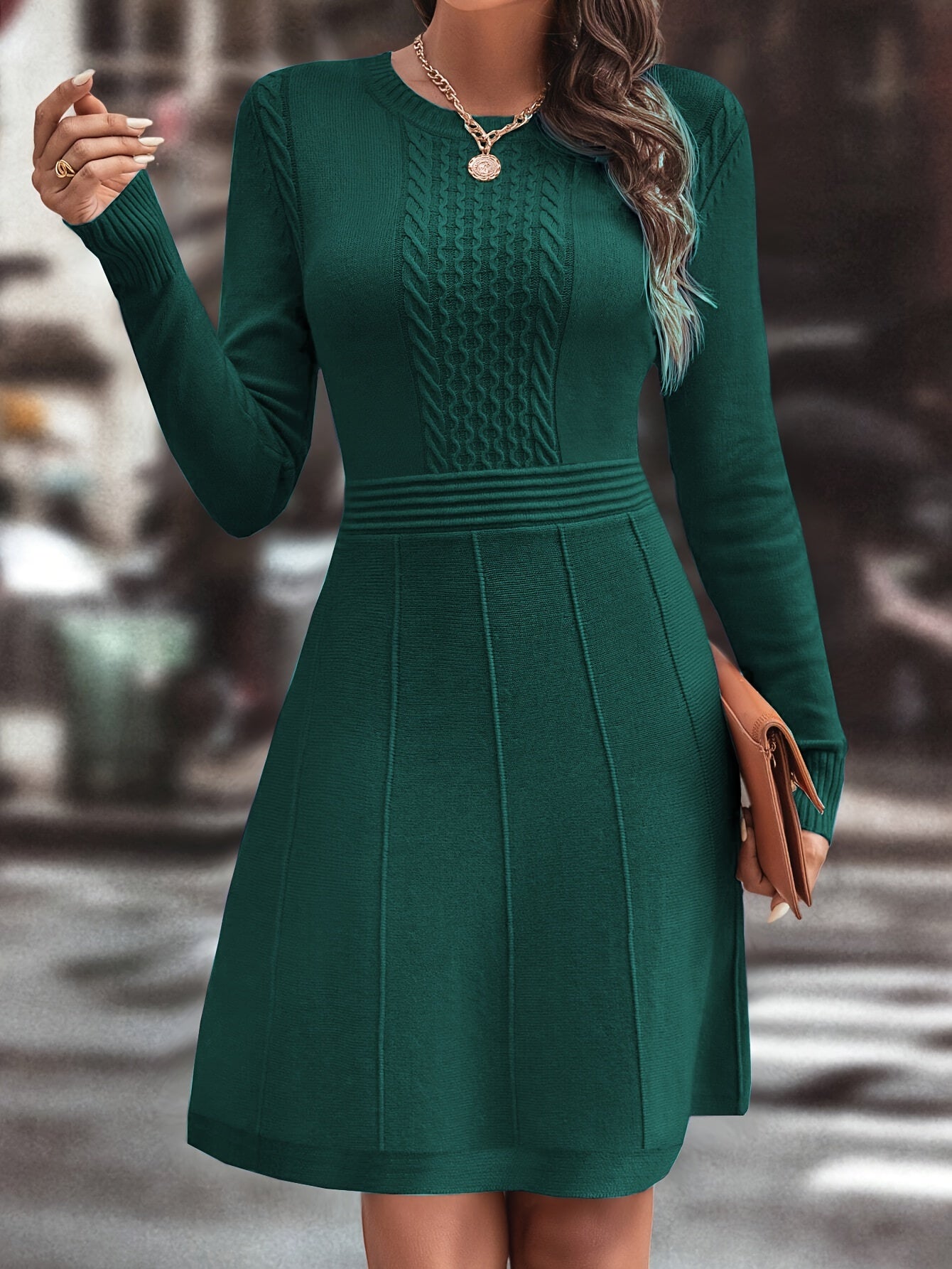 Women’s Autumn Winter Casual Knit Dress – Slim A-Line | Round Neck | Long Sleeve | Solid Color Elegant Daily Wear