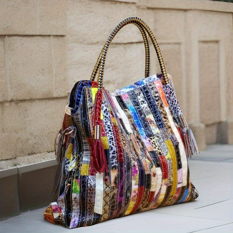 Handmade Bohemian Genuine Leather Patchwork Tote – Multicolor Stripe Purse with Leopard & Snake Accents, Adjustable Chain Strap