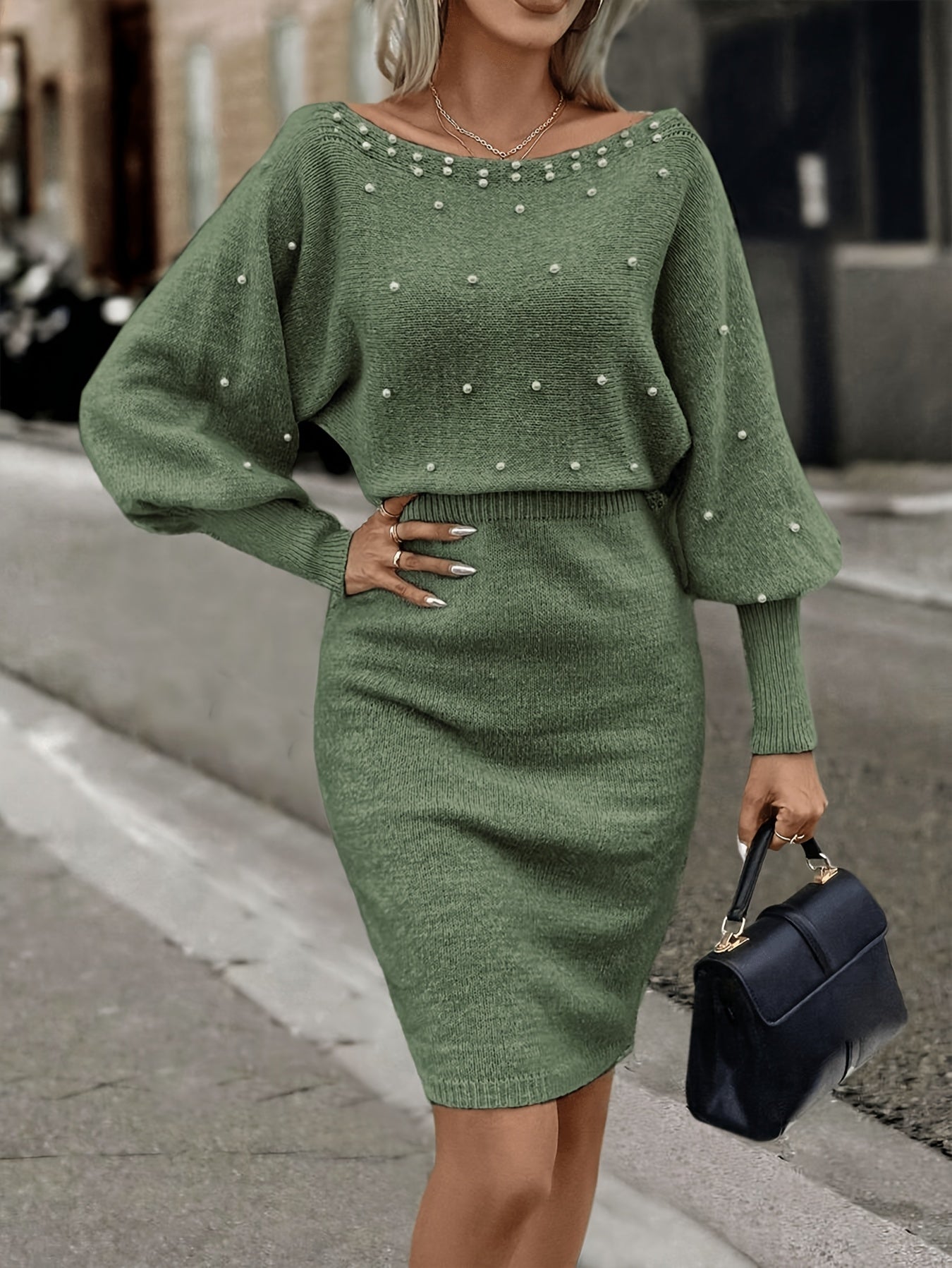 Women’s Olive Green Pearl-Embellished Bodycon Mini Dress – Long Sleeve Ribbed Knit, Casual Spring/Fall Wear