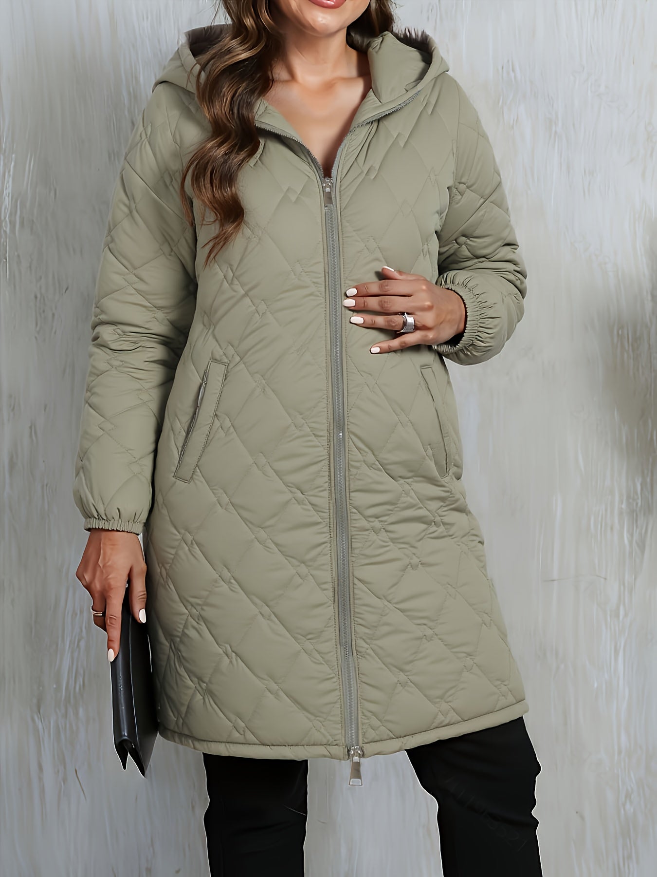Women’s Elegant Long Winter Coat – Thick Quilted Hooded Jacket with Double Zipper, Warm Geometric Pattern, Loose Fit Style for Fall & Winter