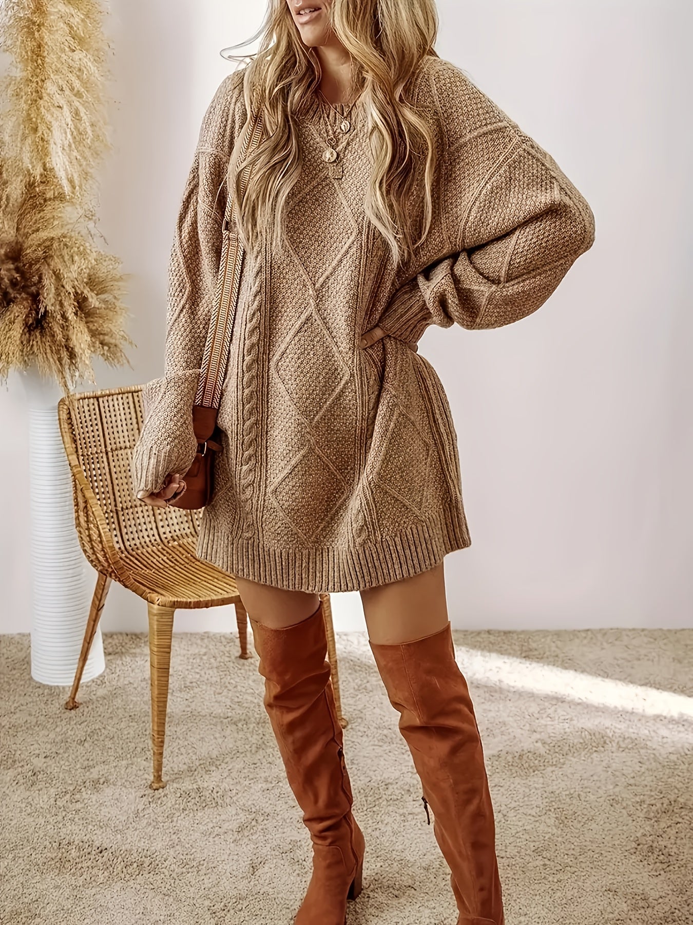 Women’s Elegant Striped Cable Sweater Dress – Long Sleeve Bodycon Midi | Ribbed Trim | Fall/Winter Knit Dress