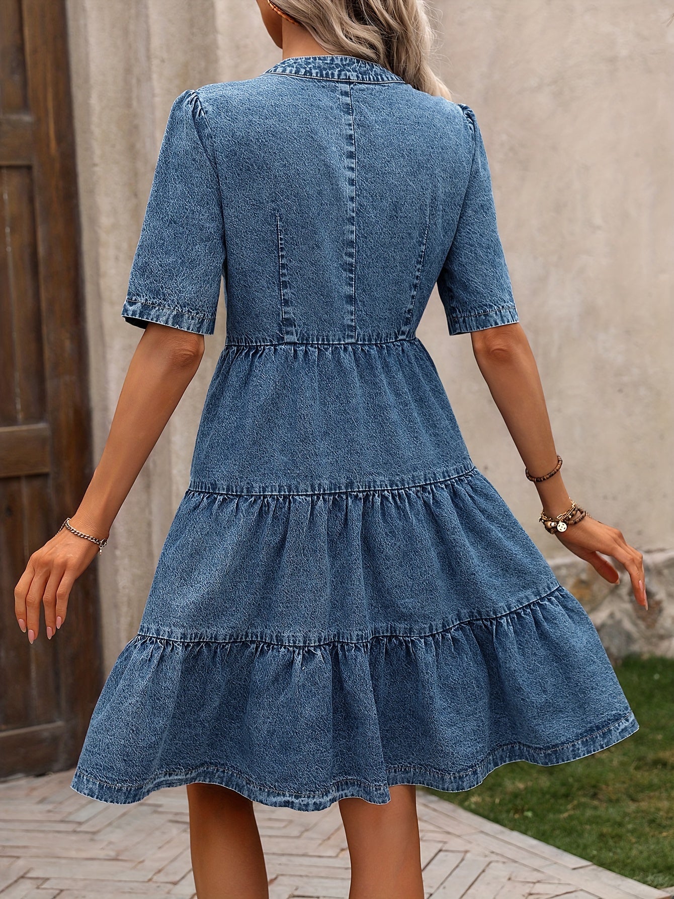Women’s Elegant V-Neck Short Sleeve Midi Denim Dress – Button Front & Ruffled Hem | Fitted Casual Chic Spring/Summer Dress
