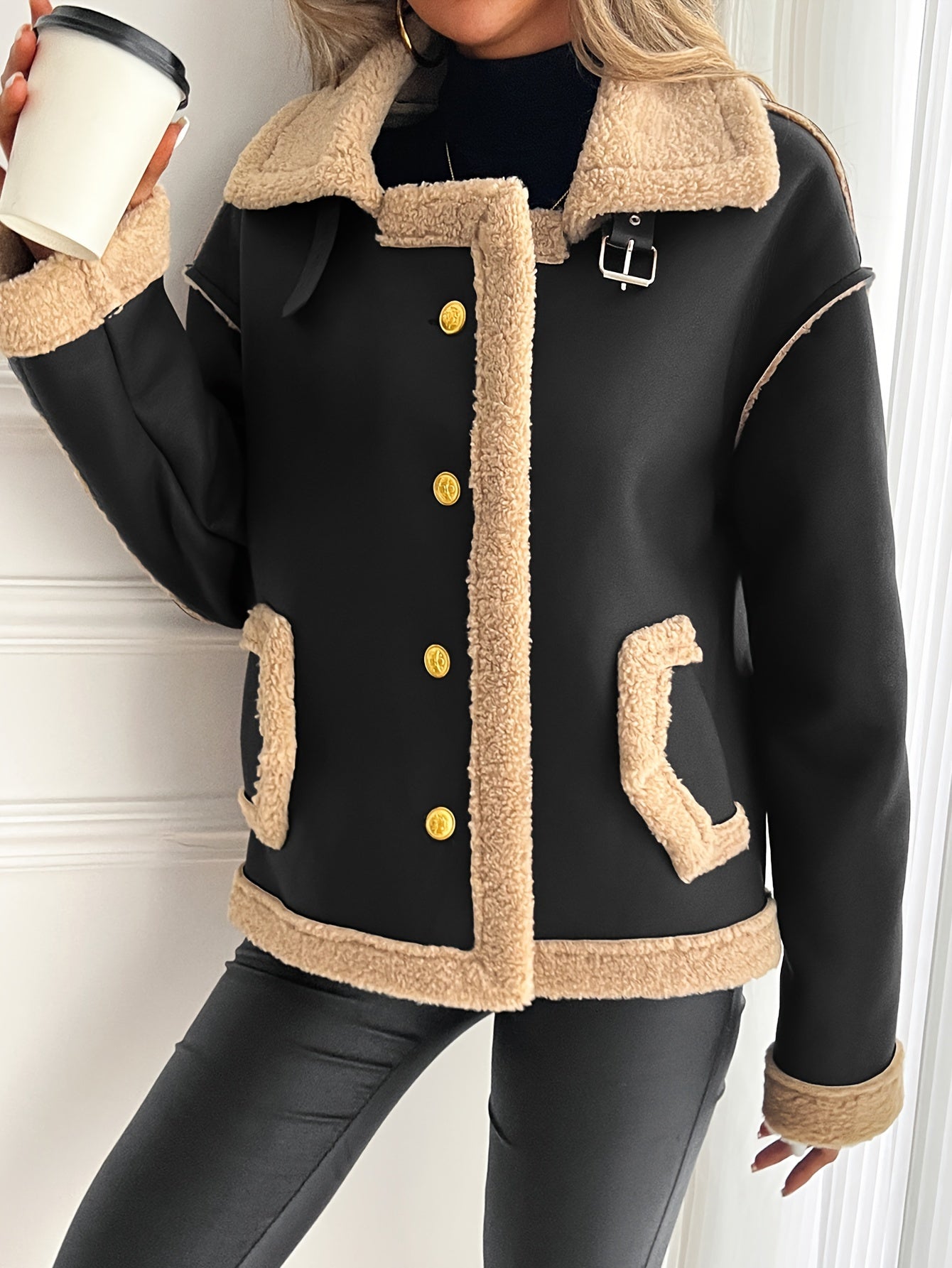 Women’s Elegant Genuine Leather Motorcycle Jacket – Brown & Beige Two-Tone, Golden Buttons, Adjustable Straps, Pockets, Fall/Winter Chic Outerwear