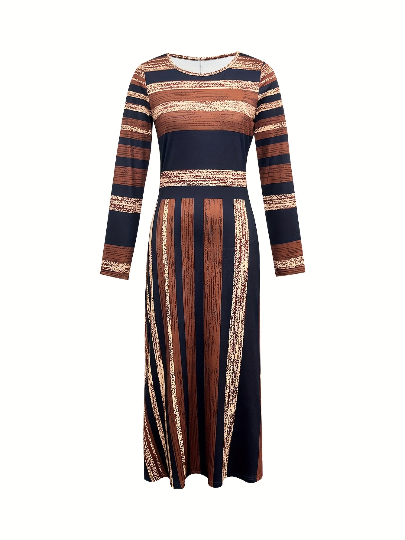 Women’s Elegant Striped Maxi Dress – Long Sleeve, Round Neck, A-Line Silhouette (Navy & Brown)
