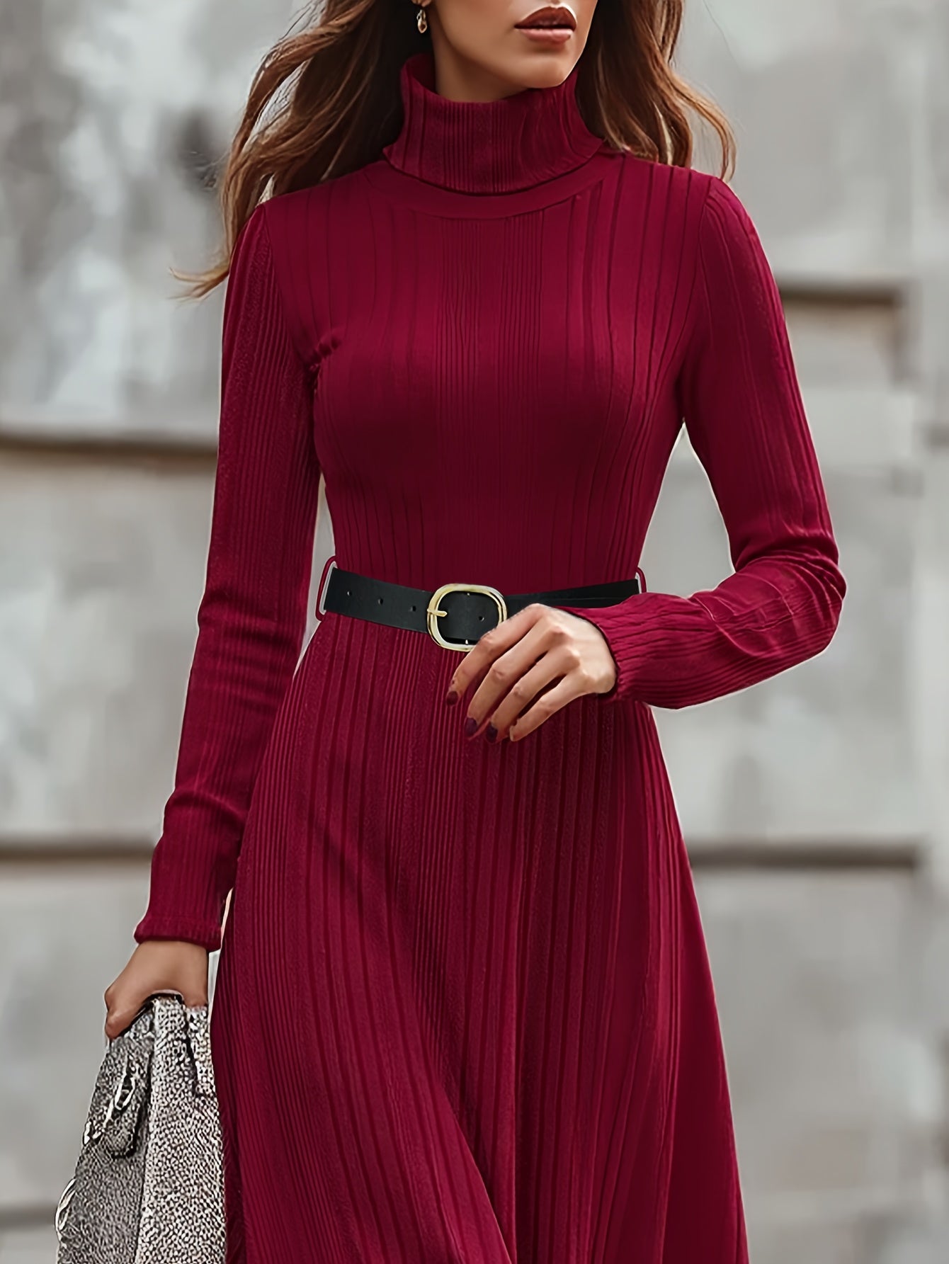 Women’s Elegant High-Neck Long Sleeve A-Line Maxi Dress with Belt – Solid Burgundy All-Season Floor-Length Dress | Formal, Work & Casual Wear