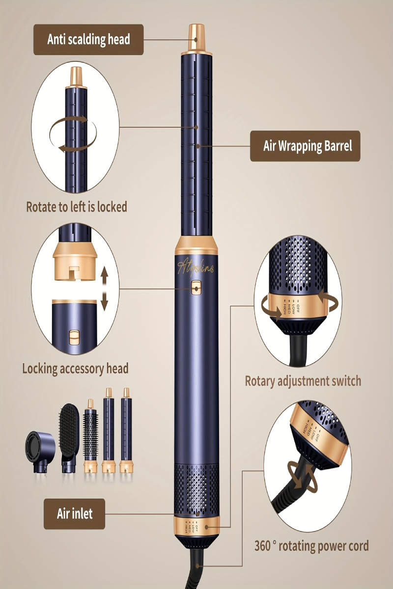 5-in-1 Hair Styler Hot Air Brush – Thermal Brush, Hair Curler & Straightener for Wet & Dry Use | Automatic Power-Off, Hot Styling Brush