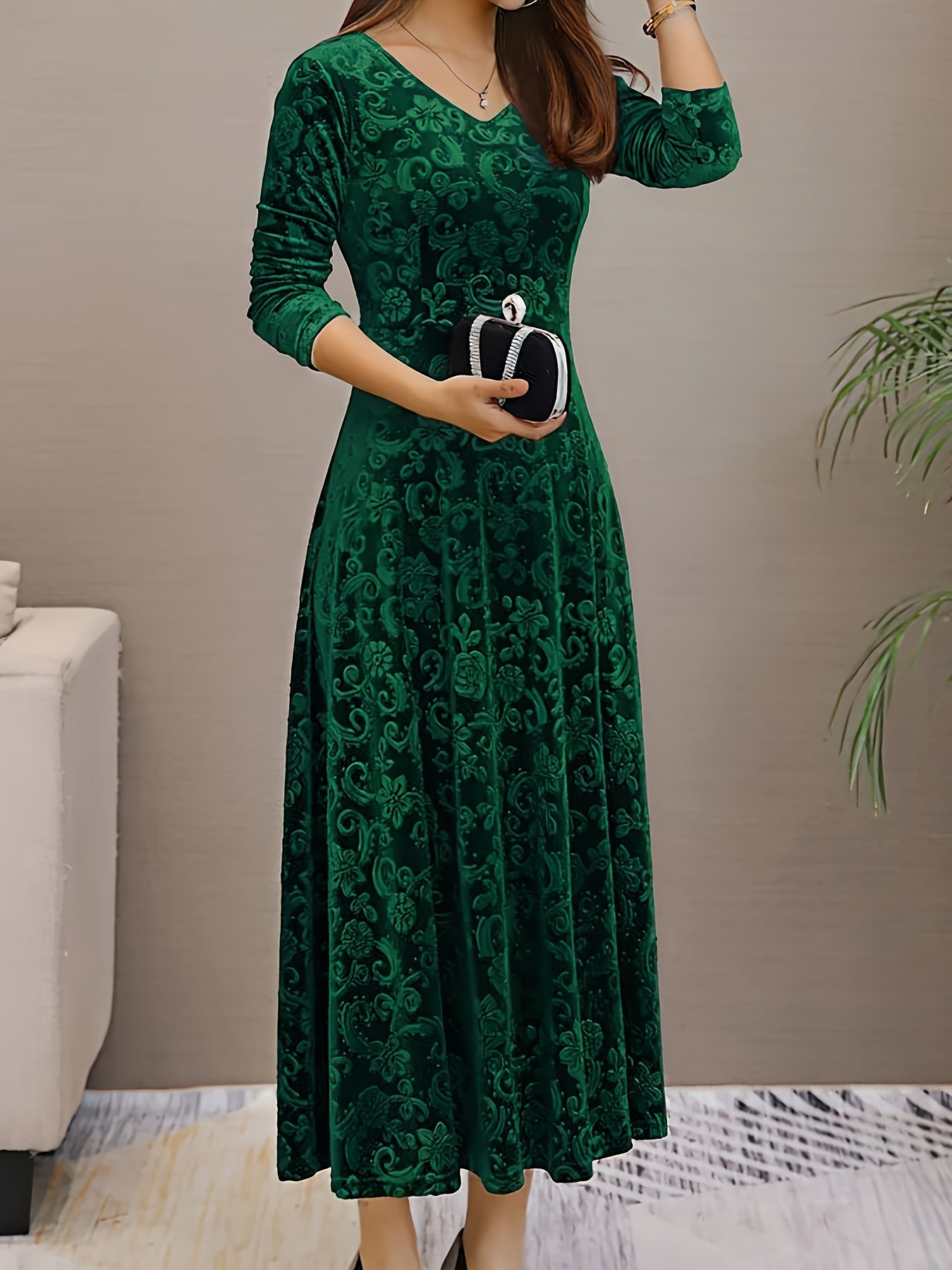 Women’s Elegant Green Poinsett & Golden Leaf Print Velvet Jacquard Dress – Floor-Length A-Line Gown | High-Stretch | V-Neck | Winter & Holiday Special 2025
