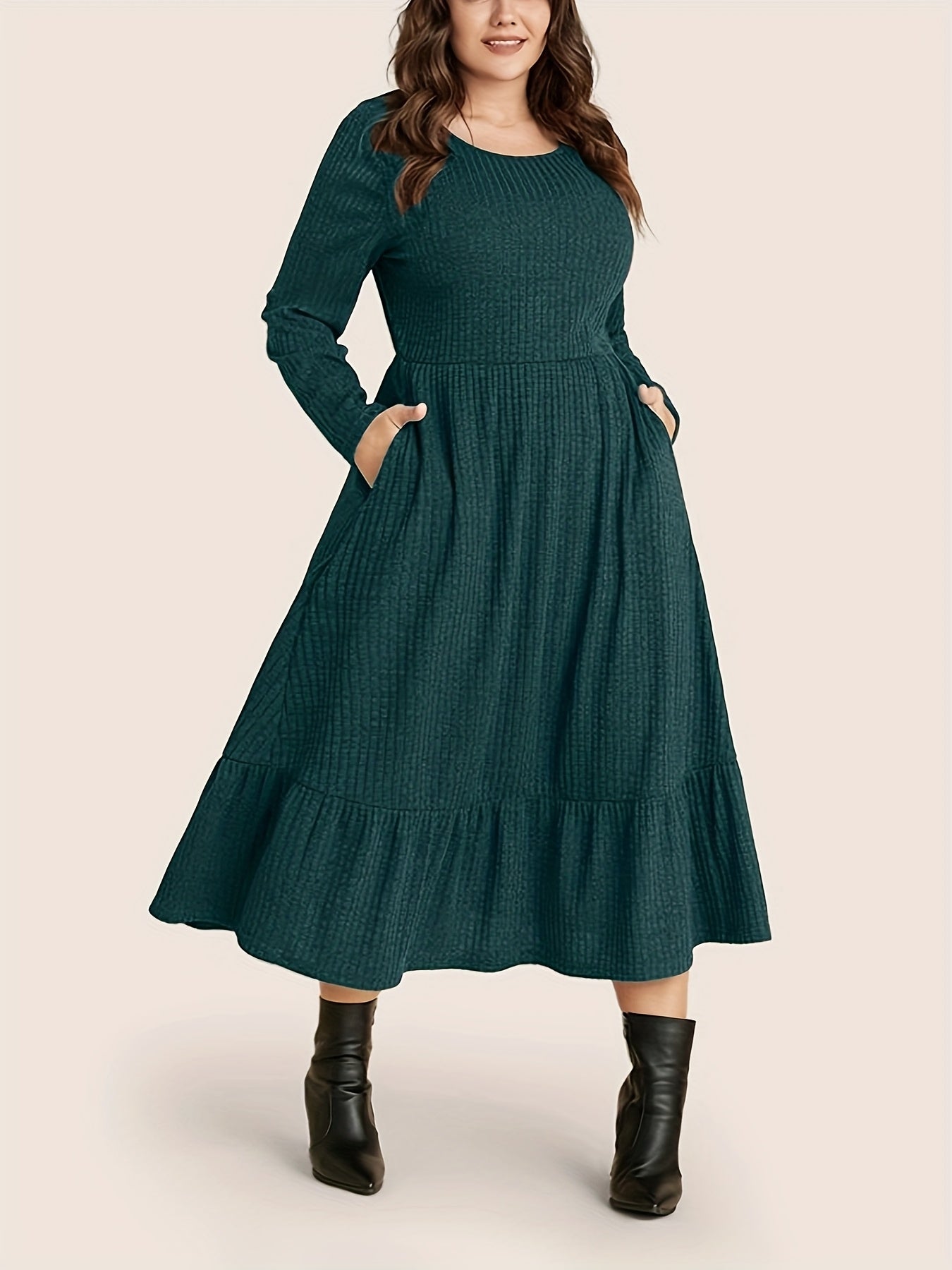 Plus Size - Elegant Green Ribbed Midi Dress with Pockets & Ruffle Hem – Long Sleeve Crew Neck Fall/Winter Casual & Formal Dress