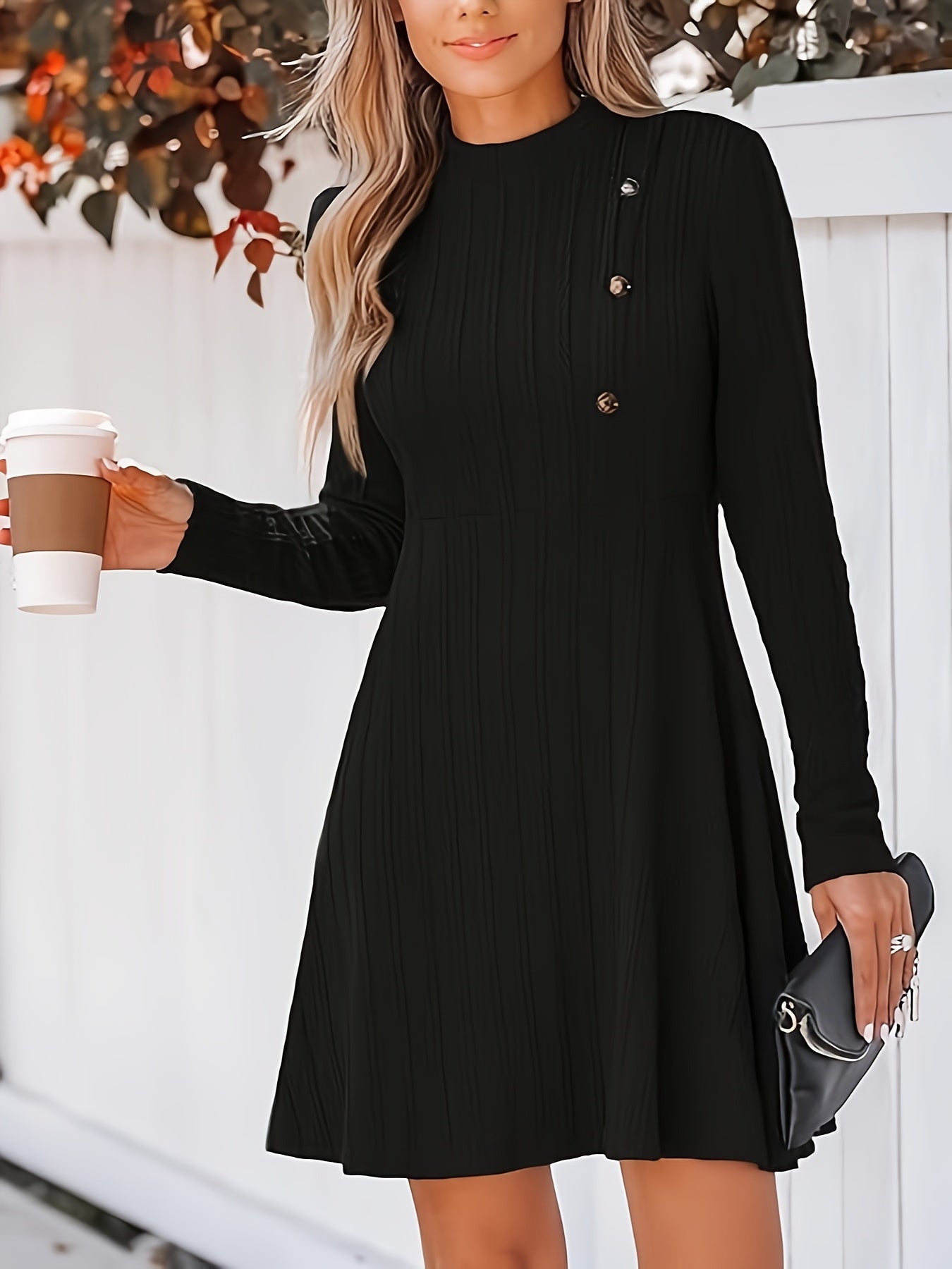 Plus Size Elegant Black Mini Dress – Long Sleeve Button-Front, Fall/Winter Office & Party Wear