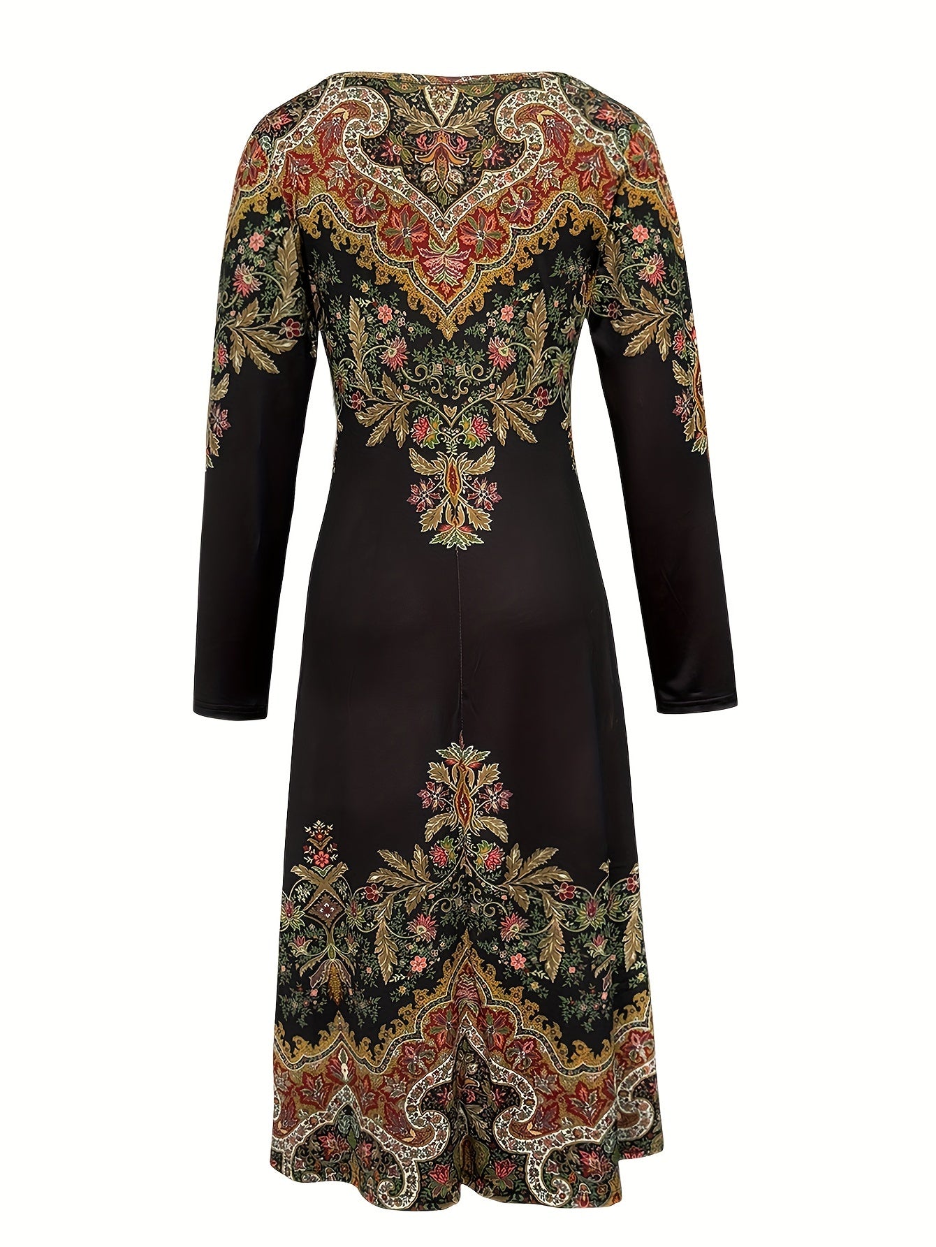 Women’s Elegant Vintage Paisley Print Maxi Dress – Long Sleeve V-Neck A-Line Fall/Winter Dress (Golden Red & Brown)