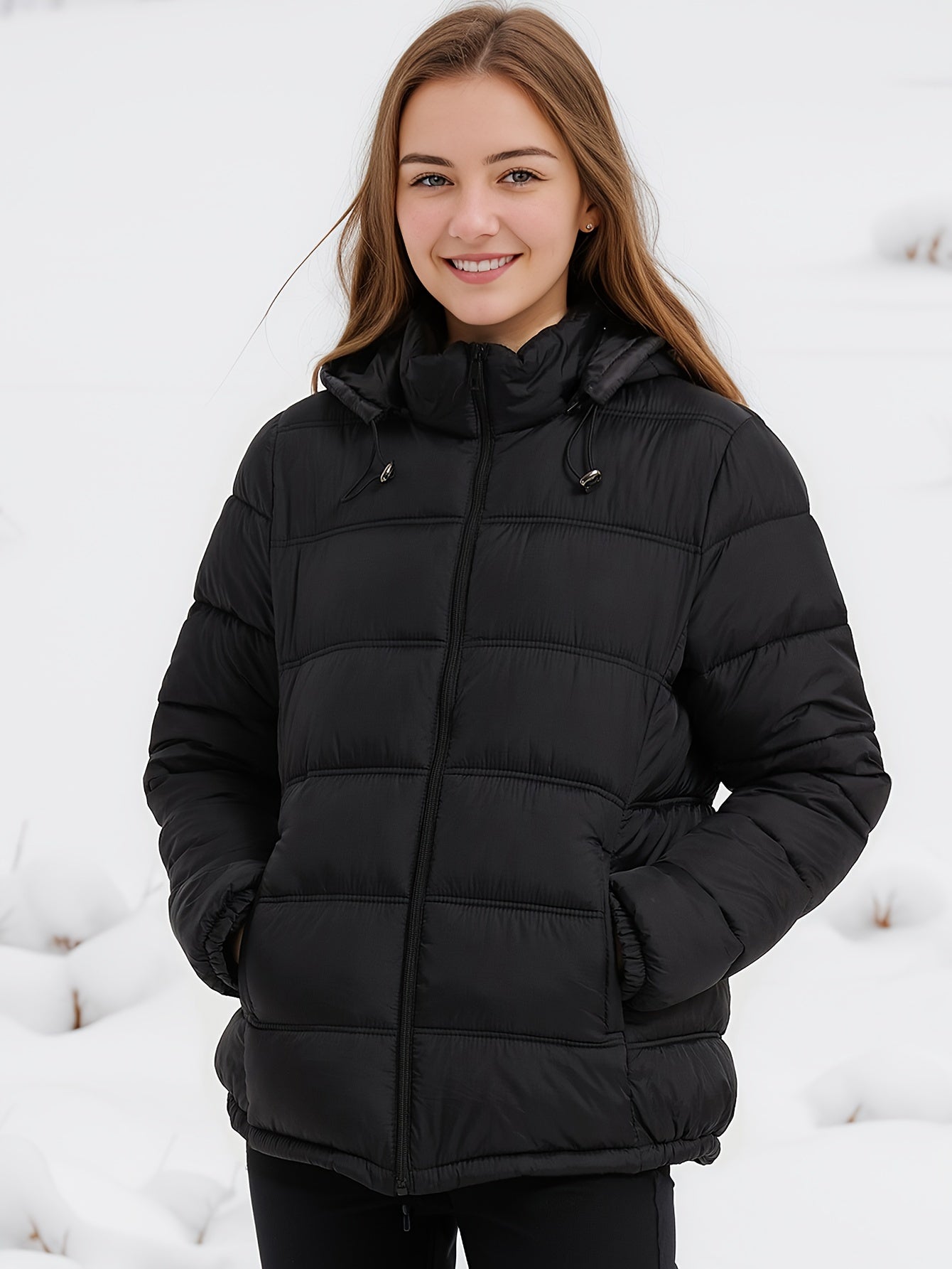 Women’s Quilted Hooded Winter Jacket – Thermal Puffy Design, Adjustable Hood, Warm Solid Winter Coat