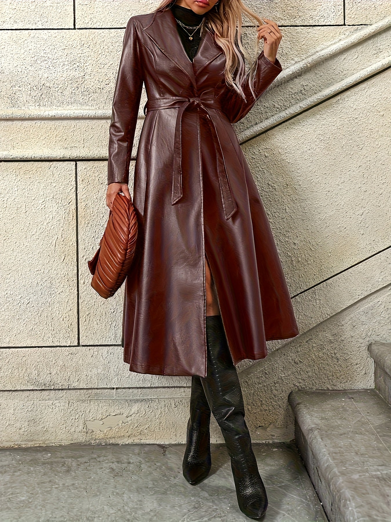 Women’s Genuine Leather Long Trench Coat – Classic Solid Color, Elegant Mid-Length Autumn Outerwear | Premium Real Leather