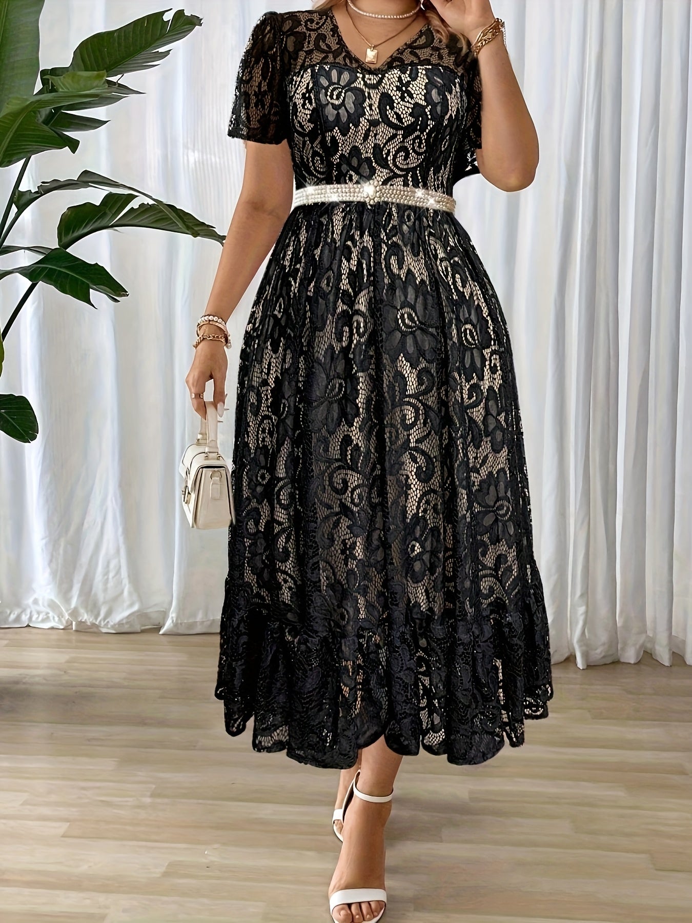 Plus Size Elegant A-Line Lace-Collar Dress – Long Solid Black Formal Party & Wedding Guest Gown