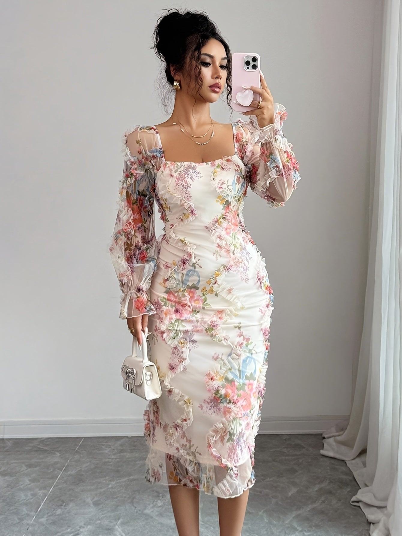 Women's Elegant Floral Print Square Neck A-Line Dress – Ruffled Short Sleeves, Fitted Waist, Zipper Back, Full-Length Wedding & Party Dress