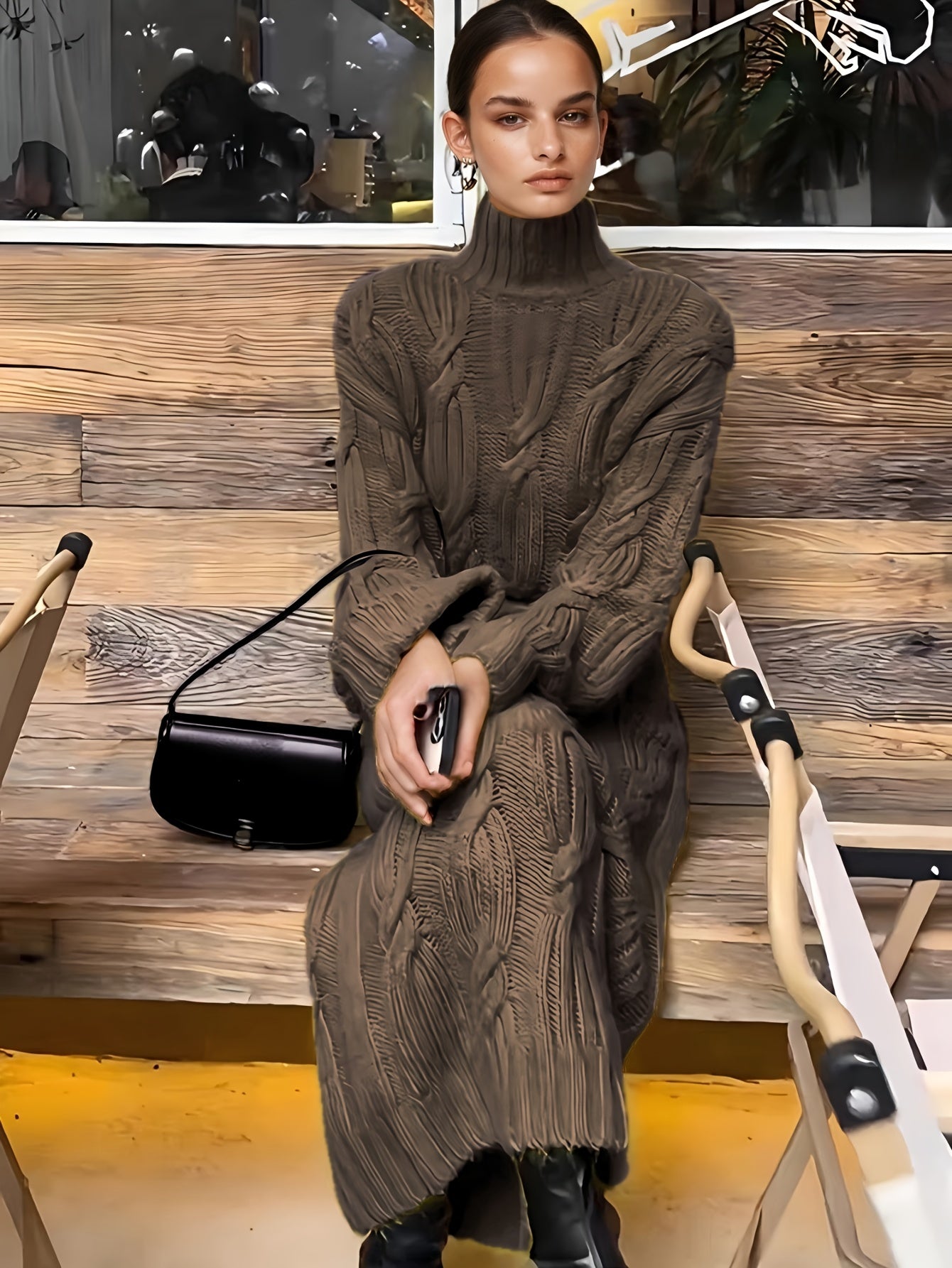 Women’s Elegant Vintage Maxi Dress – High Neck Twisted Rope Neckline, Loose A-Line H-Line, Long Sleeve | Fall/Winter Formal & Special Occasion Dress