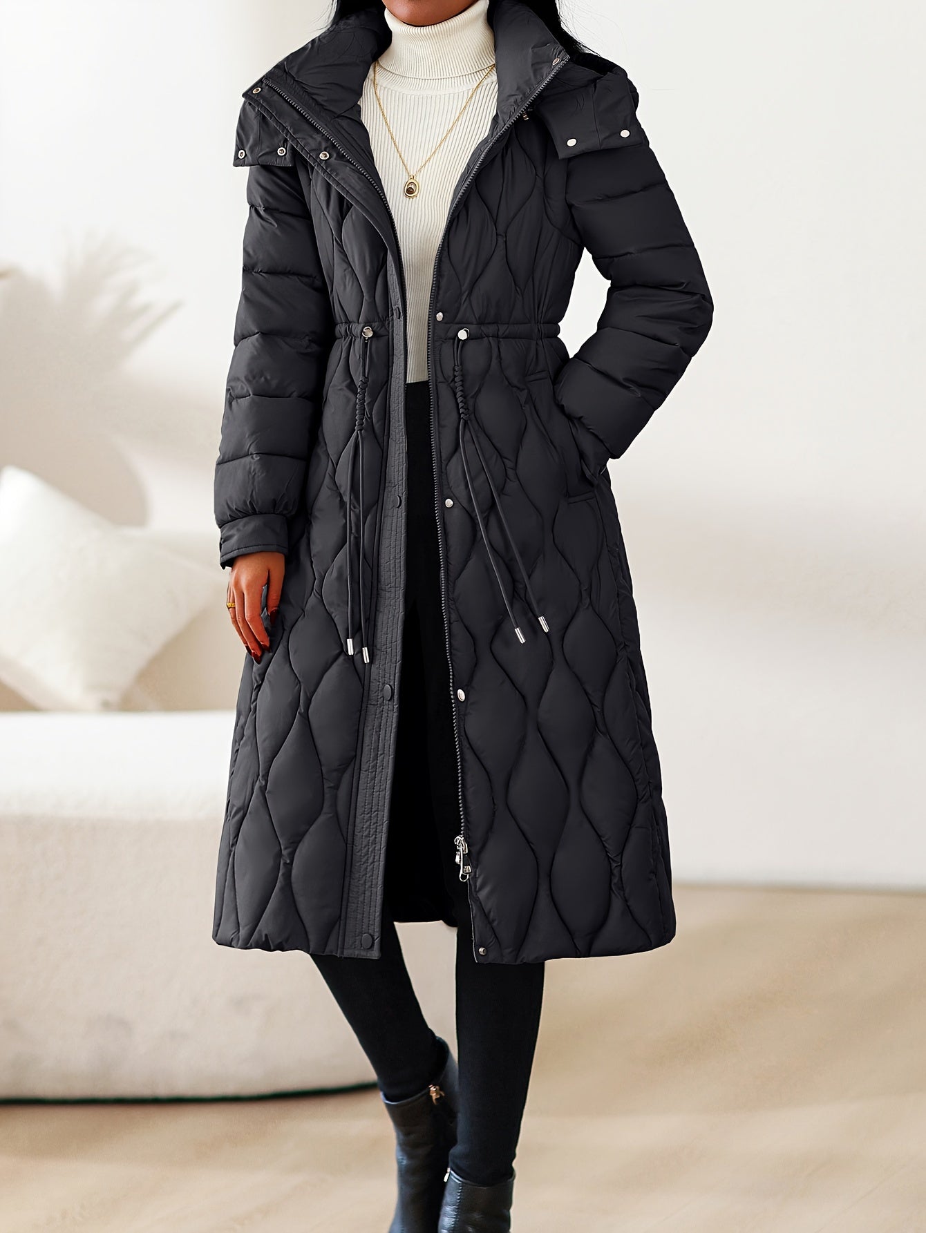 Women’s Winter Coat with Hood – Long Formal & Everyday Outerwear | Belted Waist, Solid Neutral Tones, Zipper Closure | Elegant Cold-Weather Jacket