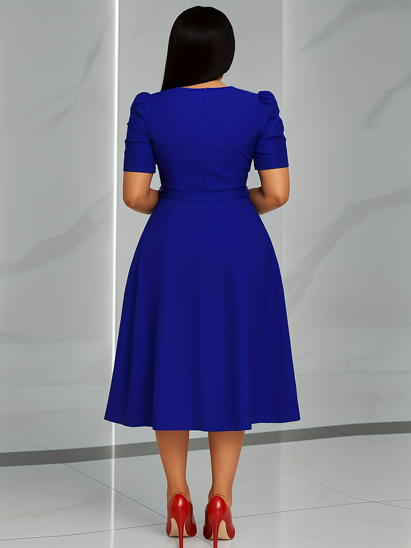 Women’s Elegant V-Neck Ruched Midi Dress – Cinched Waist with Belt | Short Sleeve | Solid Color | Spring/Summer Fashion