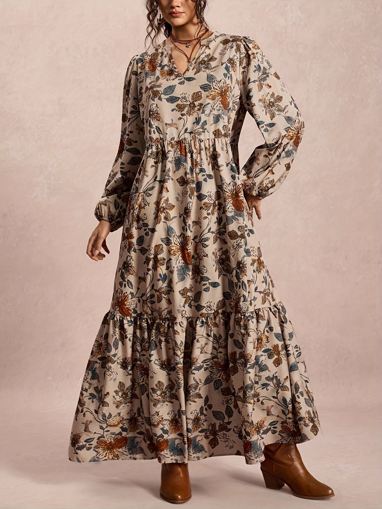 Women’s Vintage Floral Print Maxi Dress – Elegant V-Neck A-Line Long Winter Dress with Kimono-Like Strap (No Waist Tie) – All-Season Flowy Maxi Dress (Beige/Brown/Blue/Green/White)