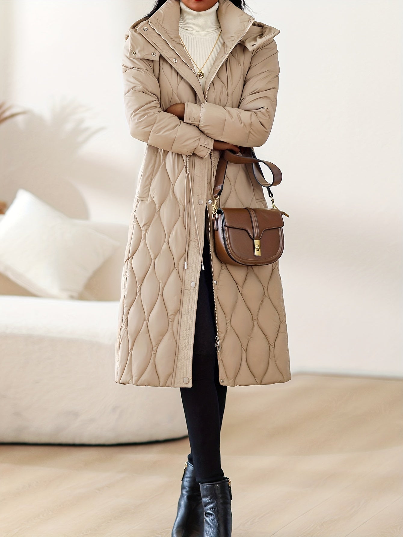 Women’s Winter Coat with Hood – Long Formal & Everyday Outerwear | Belted Waist, Solid Neutral Tones, Zipper Closure | Elegant Cold-Weather Jacket