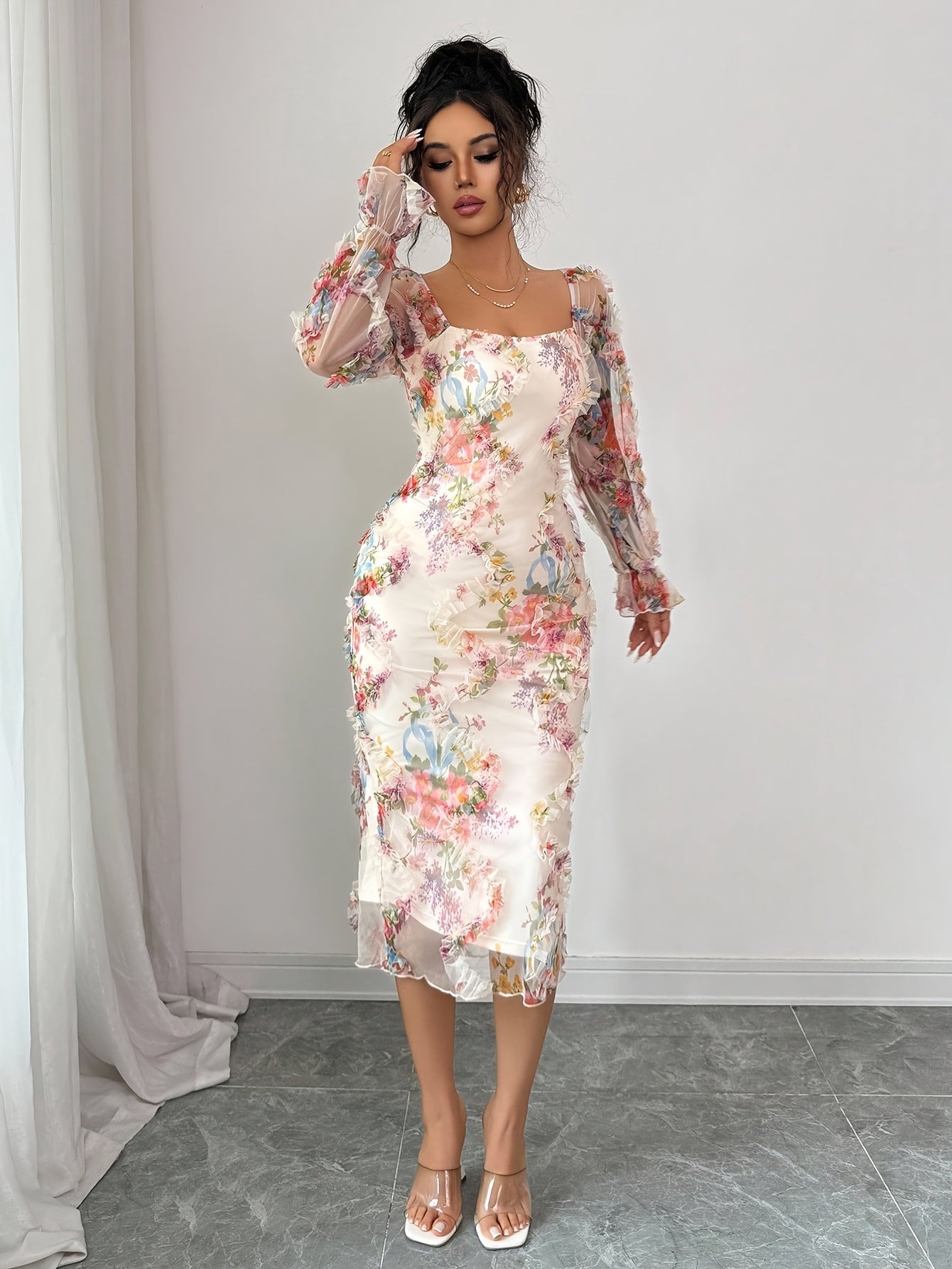 Women's Elegant Floral Print Square Neck A-Line Dress – Ruffled Short Sleeves, Fitted Waist, Zipper Back, Full-Length Wedding & Party Dress