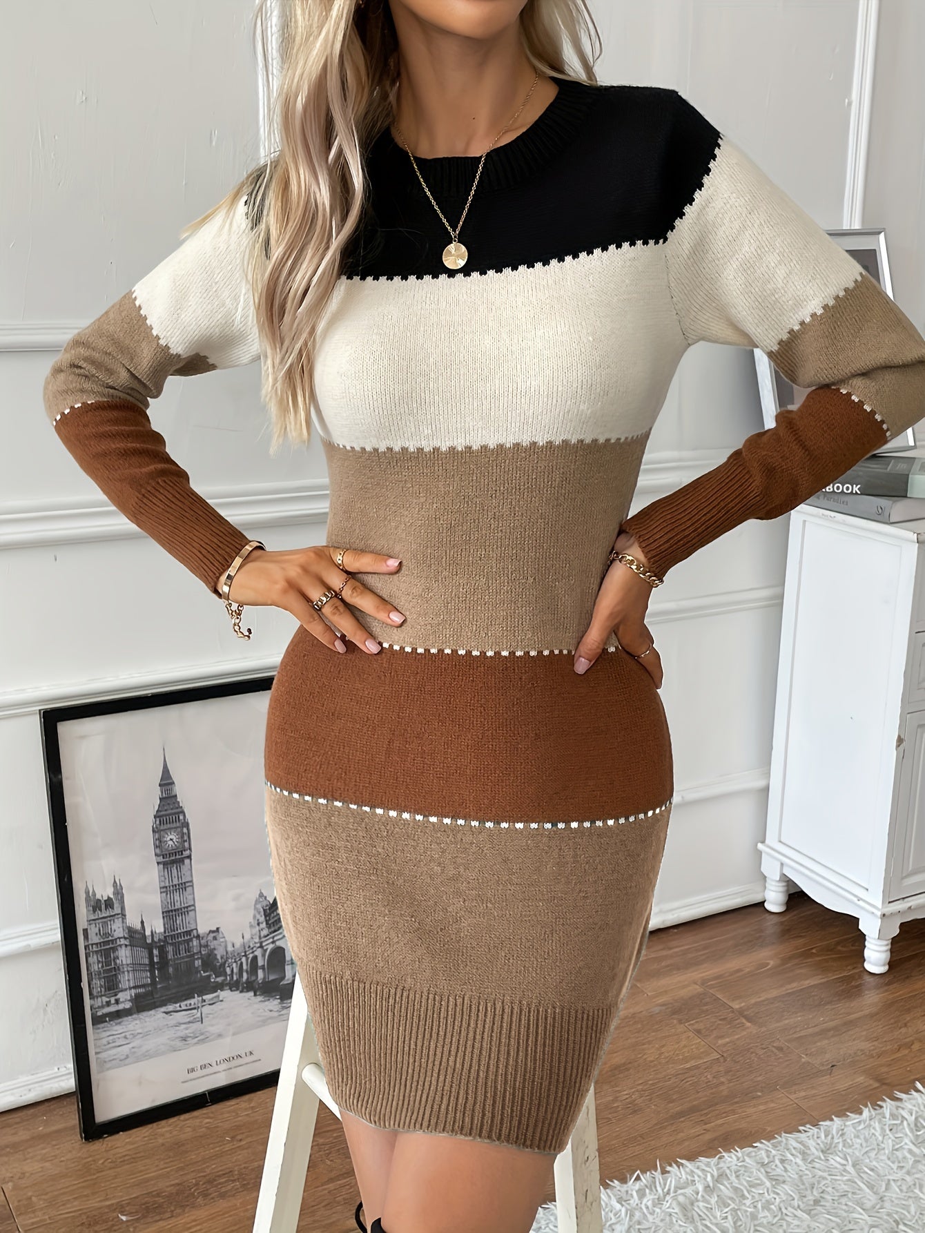 Vibrant Color Block Knee-Length Sweater Dress – Long Sleeve, Crew Neck, Flattering Fit, Elegant Patchwork Design