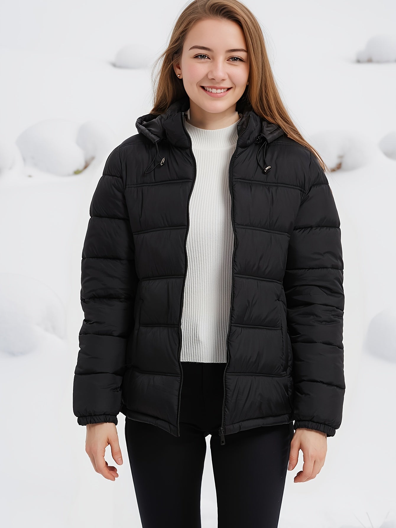 Women’s Quilted Hooded Winter Jacket – Thermal Puffy Design, Adjustable Hood, Warm Solid Winter Coat