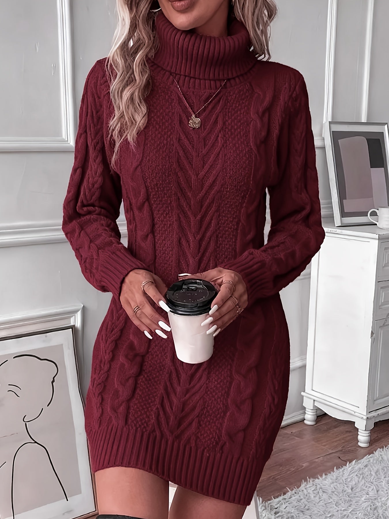 Women’s Elegant Cable Knit Sweater Dress – Long Sleeve, High Neck, Solid Color | Fall/Winter Knit Dress