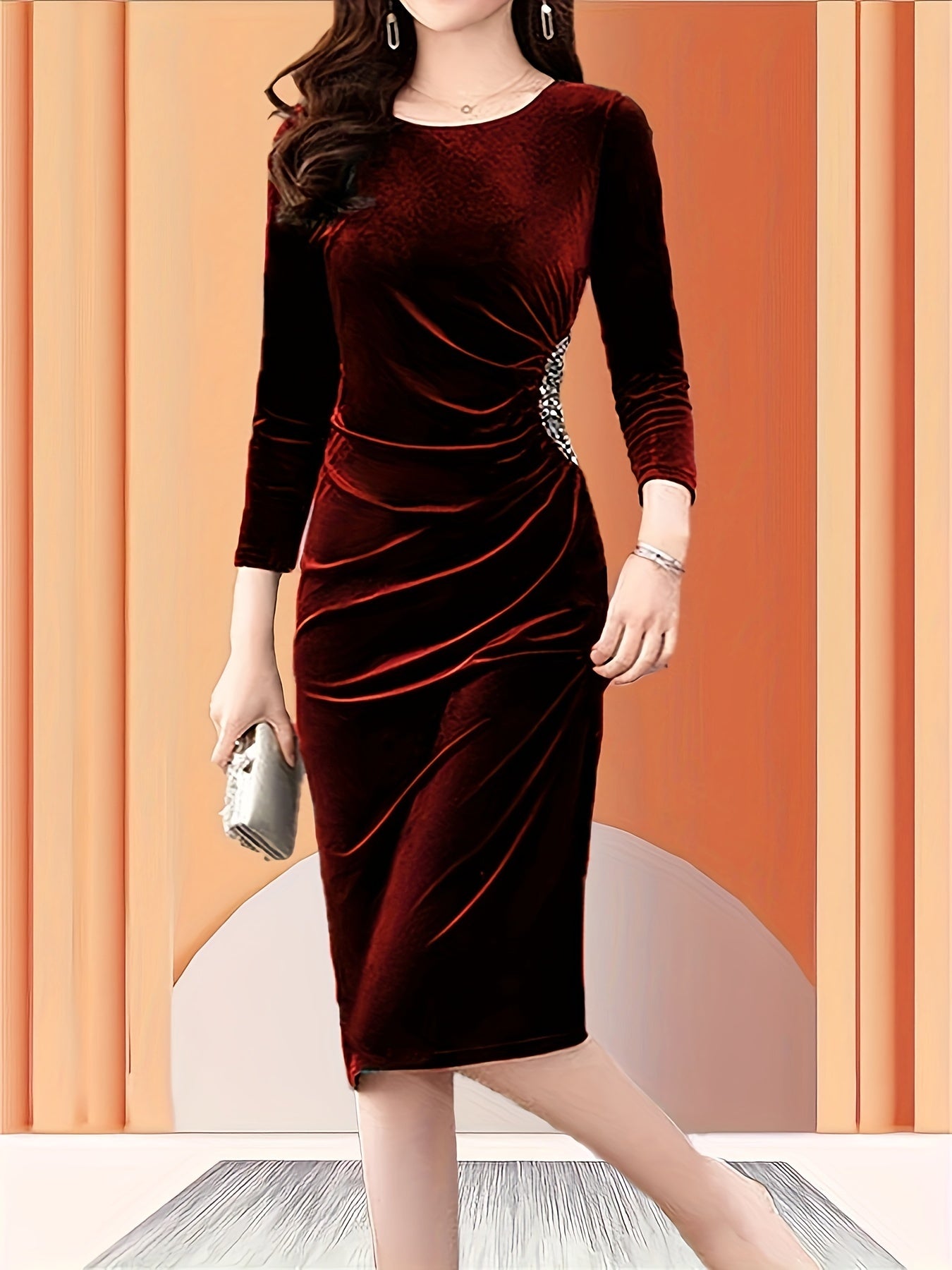 Velvet Zipper Slit Bodycon Dress – Elegant 3/4 Sleeve Slim Fit Dress for Women, Spring & Fall