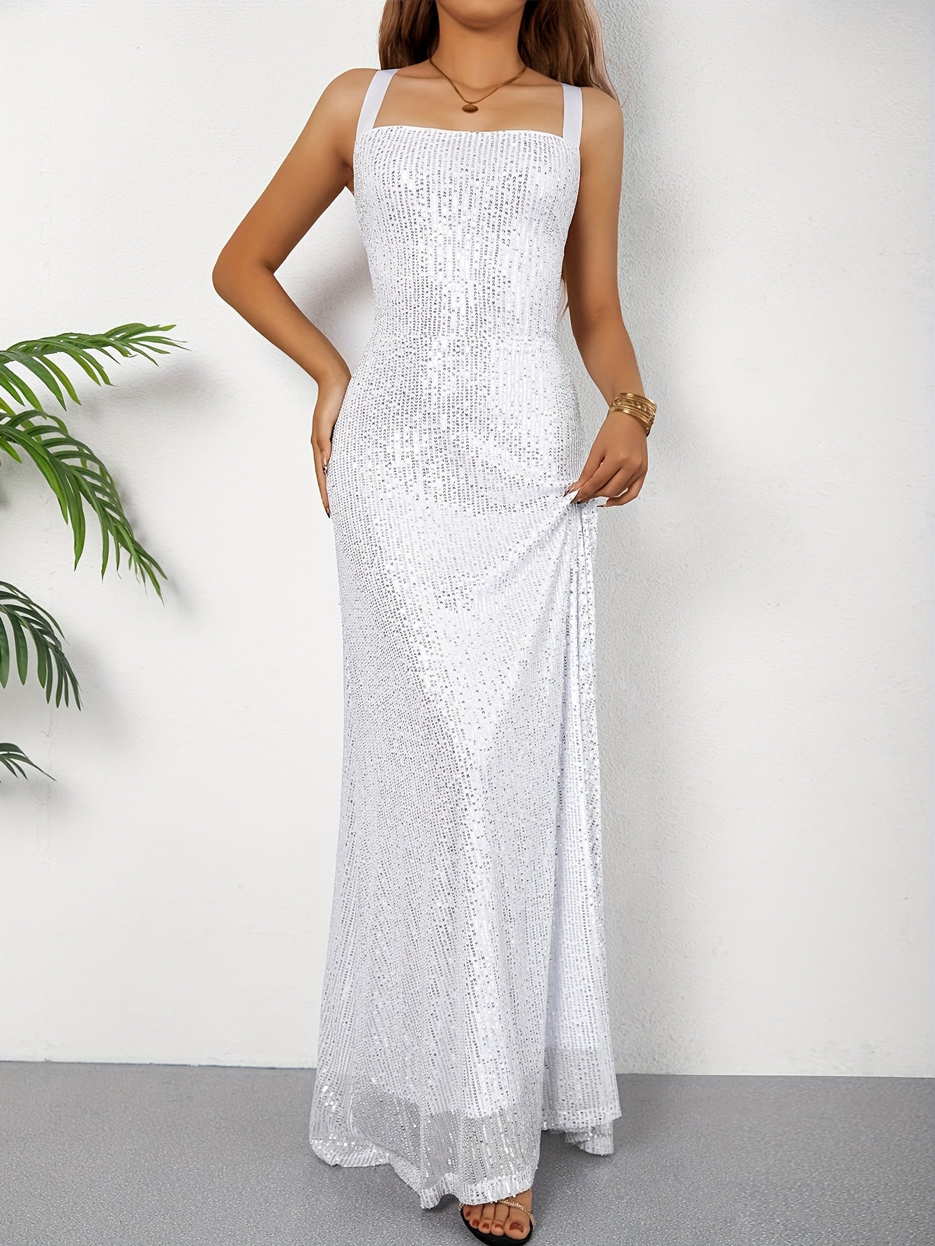 Elegant Sequined Off-the-Shoulder Evening Gown – Sleeveless Fit & Flare Long Dress for Women
