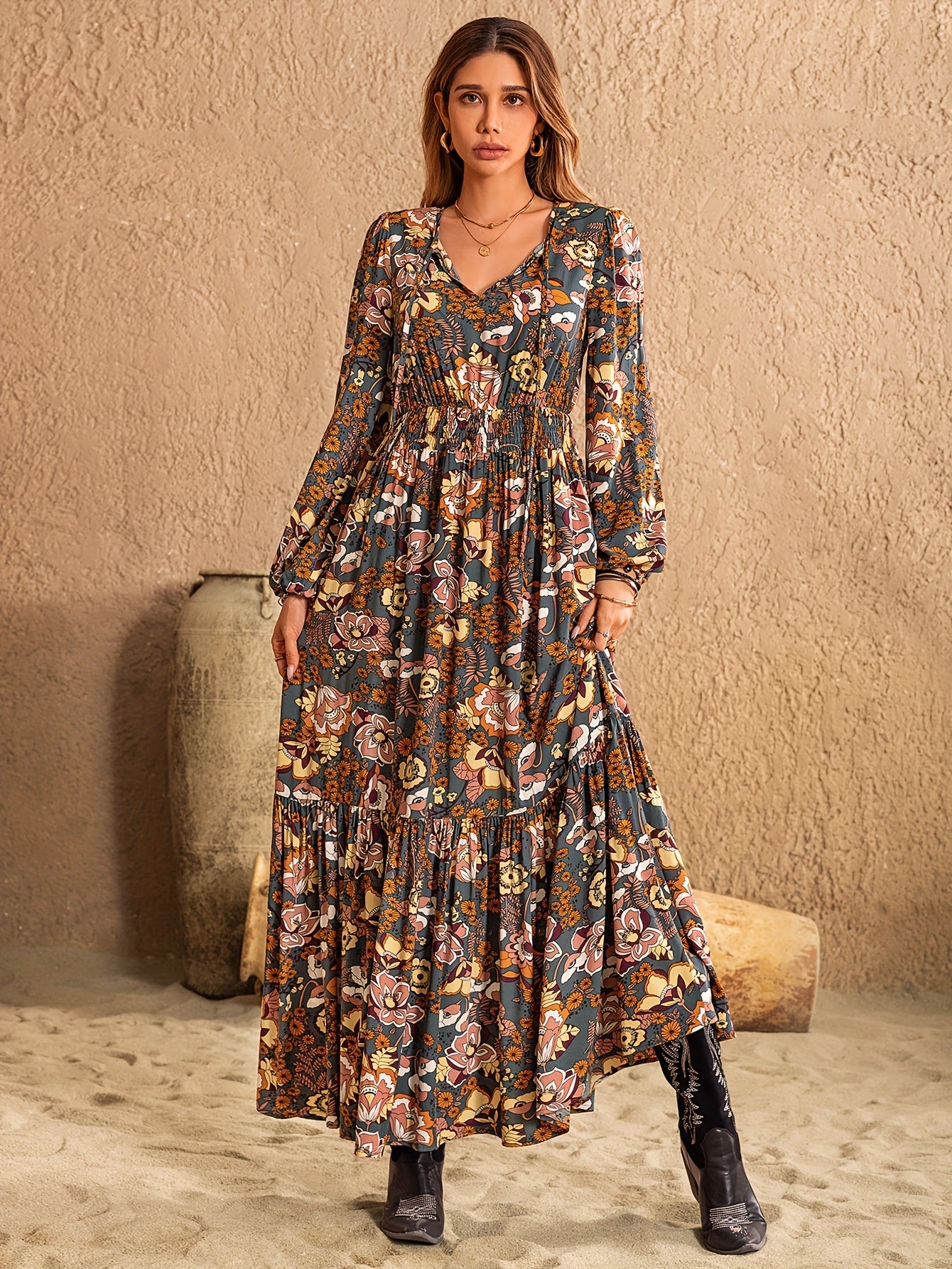 Women’s Bohemian Multi-Color A-Line Maxi Dress – V-Neck Long Sleeve Floor-Length Fall/Winter Party & Wedding Guest Dress (Green/Brown/Black/Beige/Taupe)