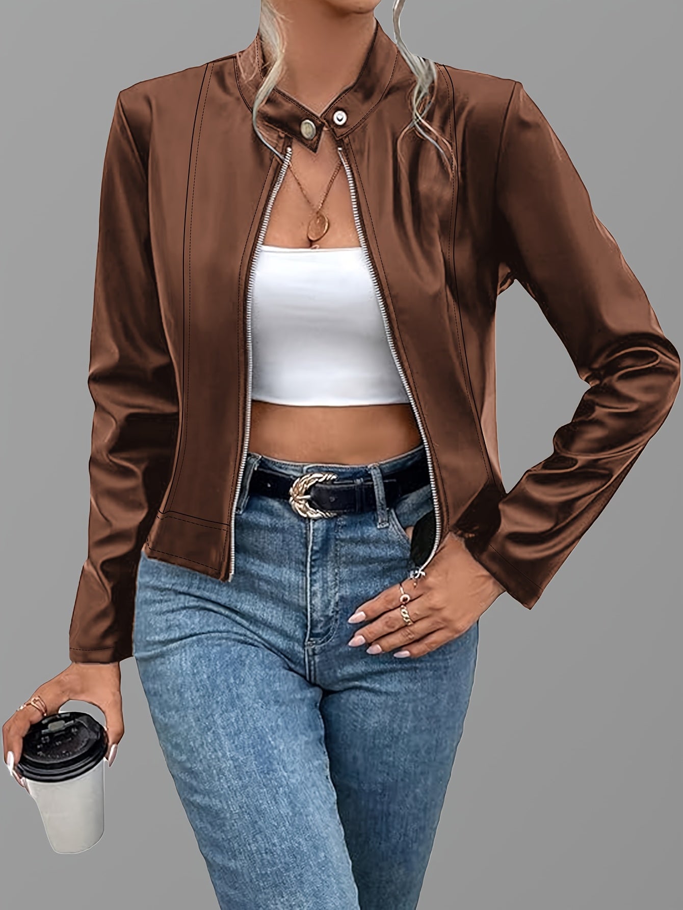 Women’s Elegant Genuine Leather Zip-Up Jacket – Long Sleeve Black Coat | Stylish Fall & Winter Outerwear, Chic Casual Jacket