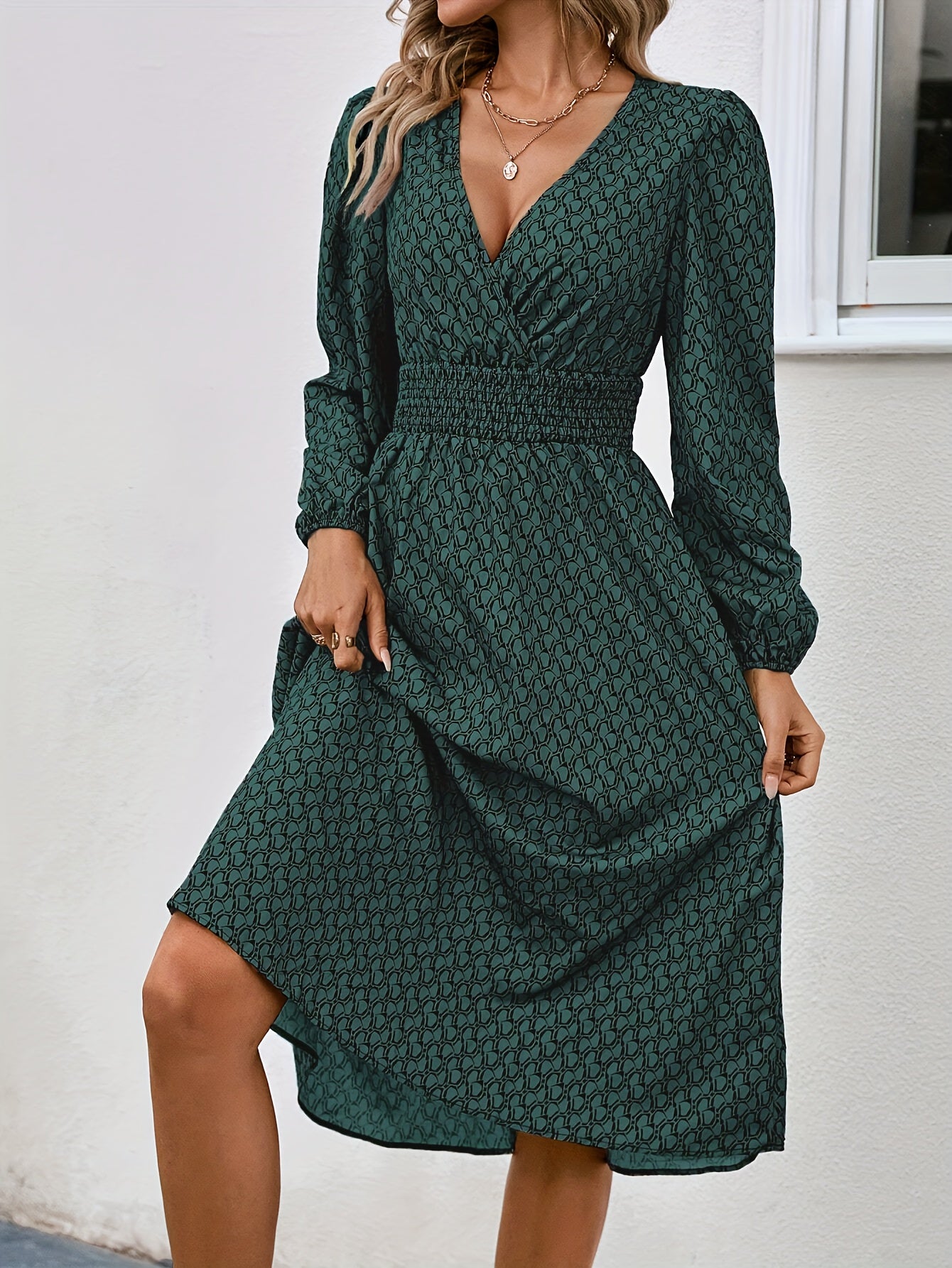 Women’s Allover Print Surplice Neck Dress – Lantern Sleeve A-Line Midi | Shirred Waist | Spring & Fall Vacation Dress