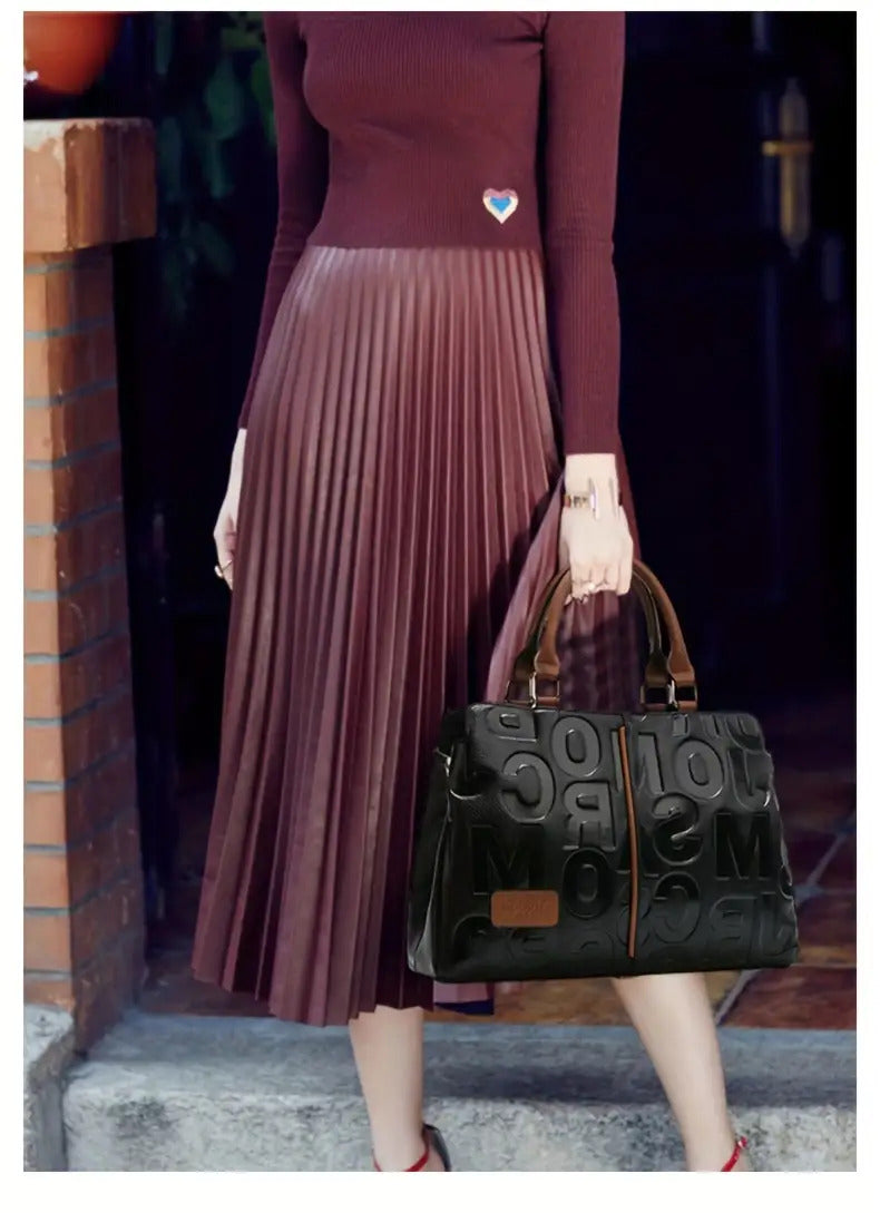 Women’s Genuine Leather Handbag – Black Tote with Brown Accents & Embossed Letter Design (Large Capacity)