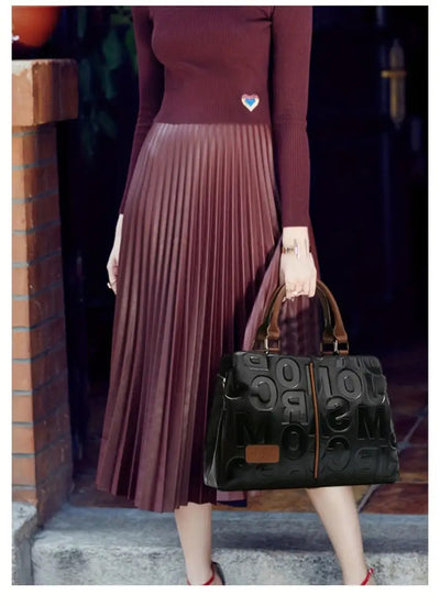 Women’s Genuine Leather Handbag – Black Tote with Brown Accents & Embossed Letter Design (Large Capacity)