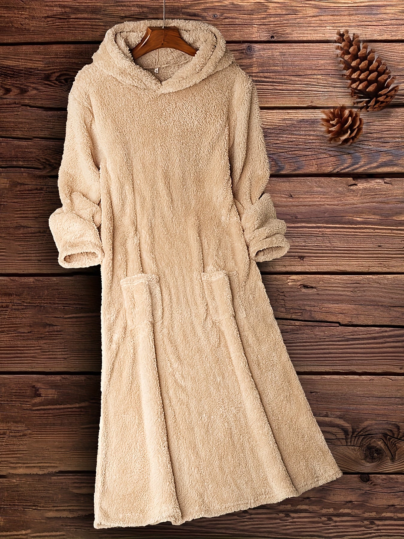 Adult Women’s Hooded Tunic Dress – Casual Solid Color, Suede/PU Polyester Knit Fabric with Micro Elasticity, Winter Wear, Front Pocket, Machine Washable