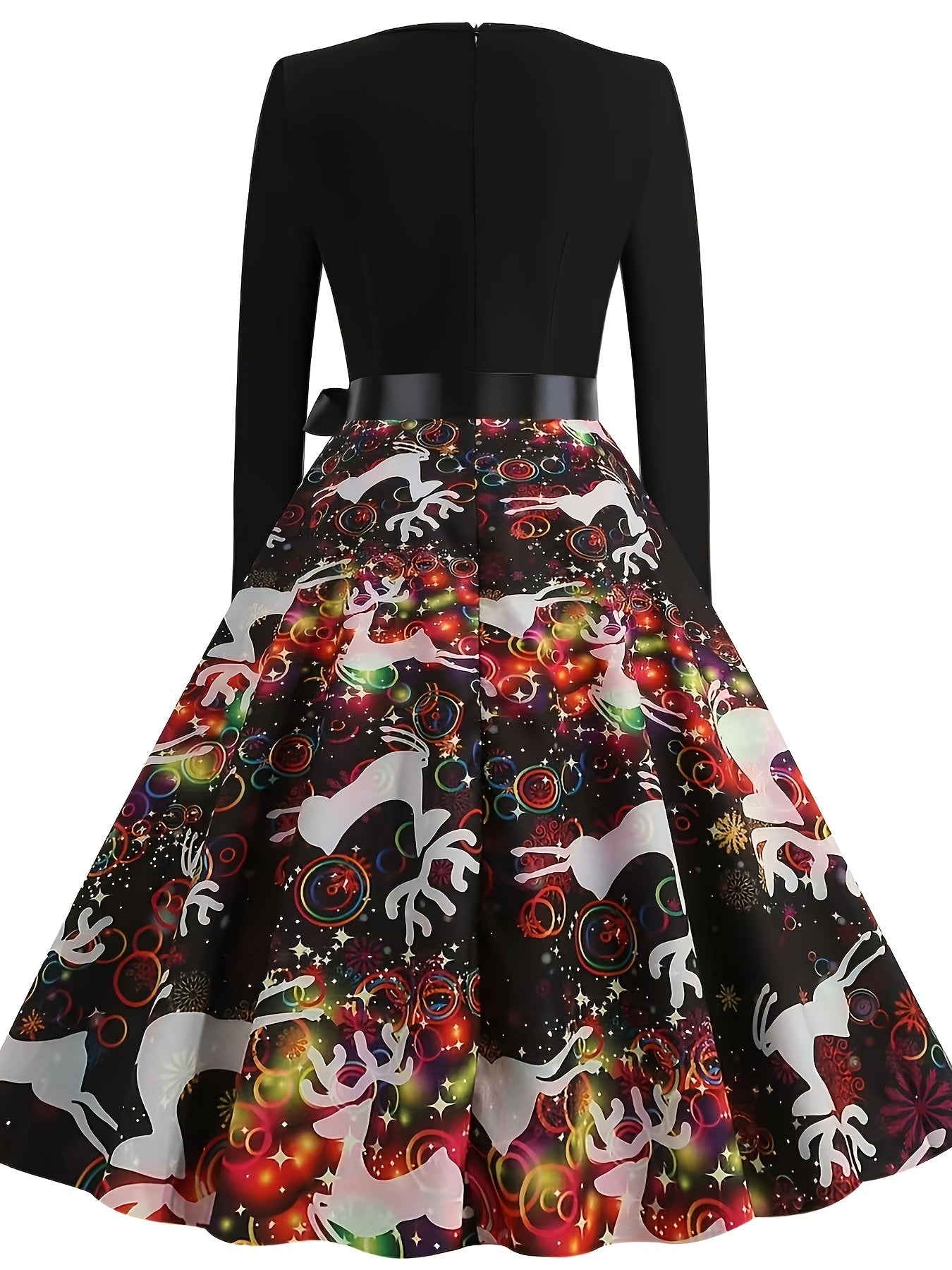 Women's Vintage Christmas Midi Dress – Long Sleeve Holiday Party Dress with Belt, Navy/Red Festive Print, All-Season A-Line