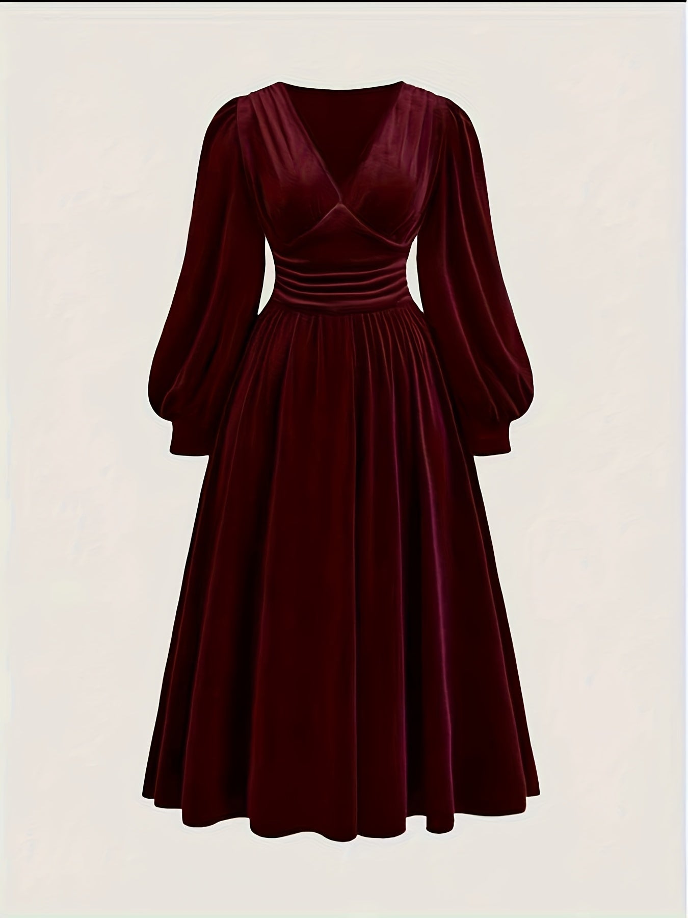 Women’s Elegant Olive Green V-Neck A-Line Maxi Dress – Ruched Waist & Puffed Sleeves | Formal Evening Gown for Parties & Weddings