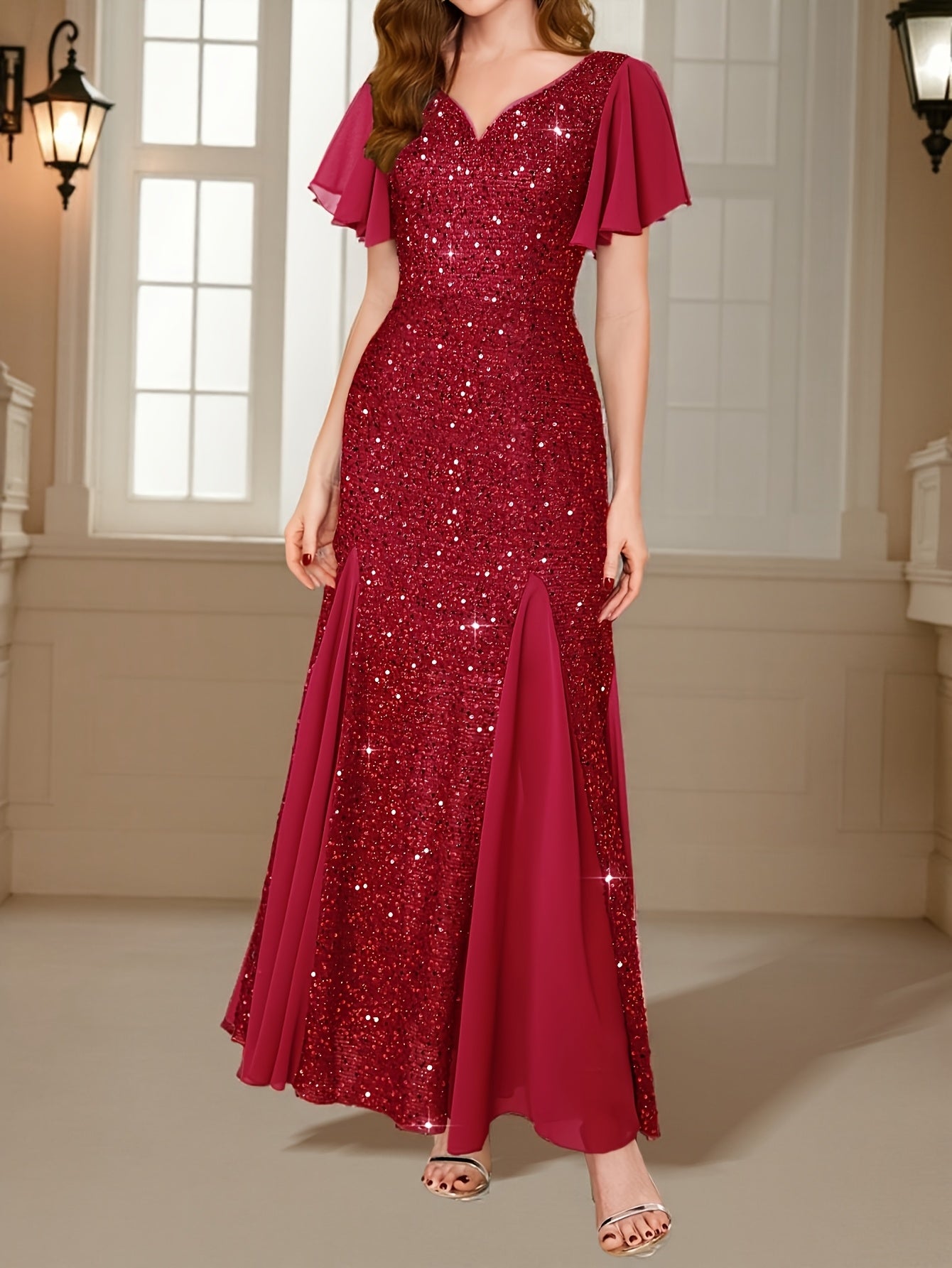 Women’s Elegant Sequin Lace Sweetheart Neckline Maxi Dress – Floor-Length Formal Evening Gown with Ruffle Sleeves | Wedding Guest & Party Wear