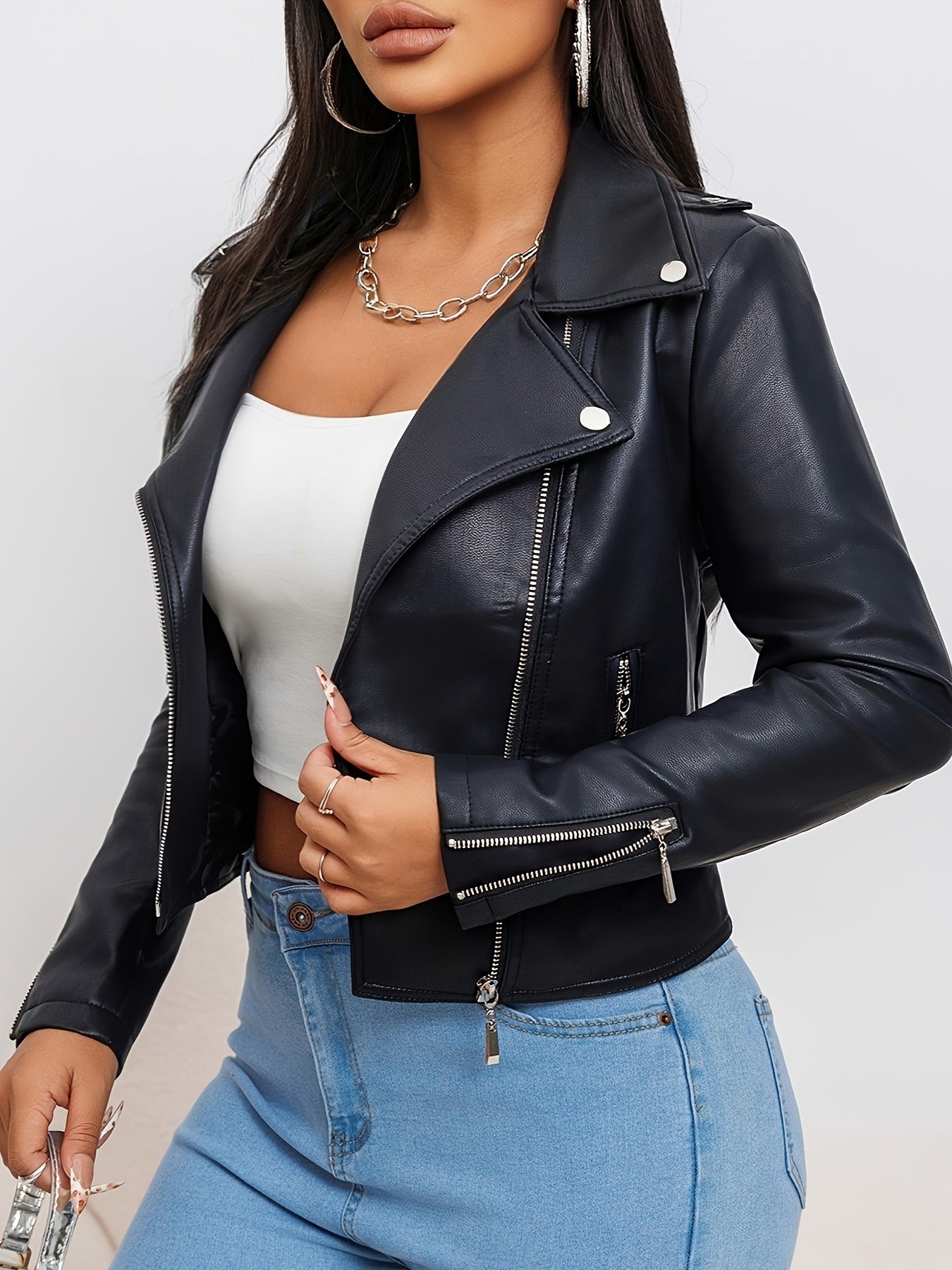 Women’s Chic Genuine Leather Biker Jacket – Beige Slim-Fit Moto Style with Zipper Front & Pockets | Spring/Fall Fashion