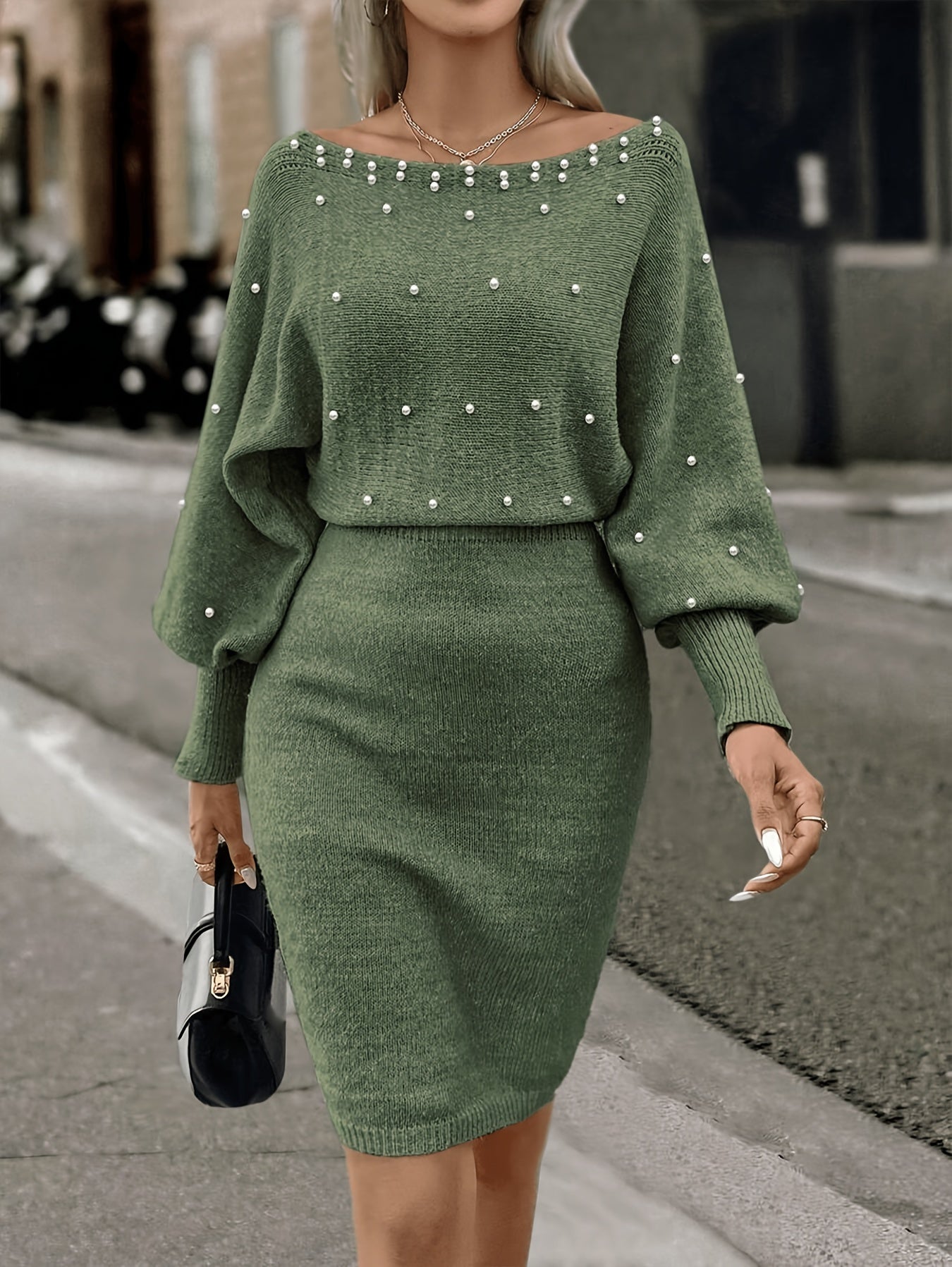 Women’s Olive Green Pearl-Embellished Bodycon Mini Dress – Long Sleeve Ribbed Knit, Casual Spring/Fall Wear