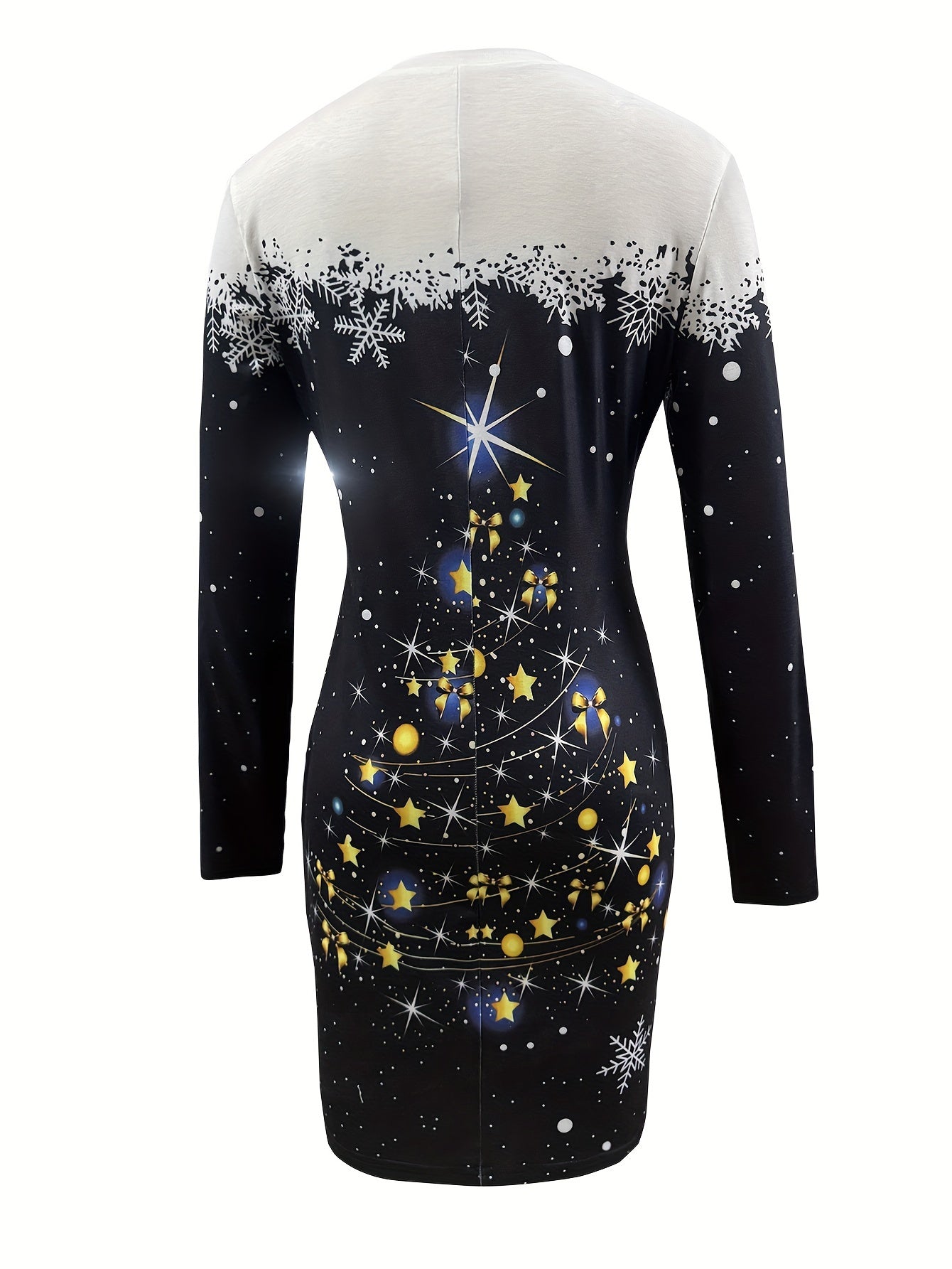 Women’s Elegant Vintage Christmas Dress – Long Sleeve Bodycon Party & Holiday Outfit with Starry Night Sky Design